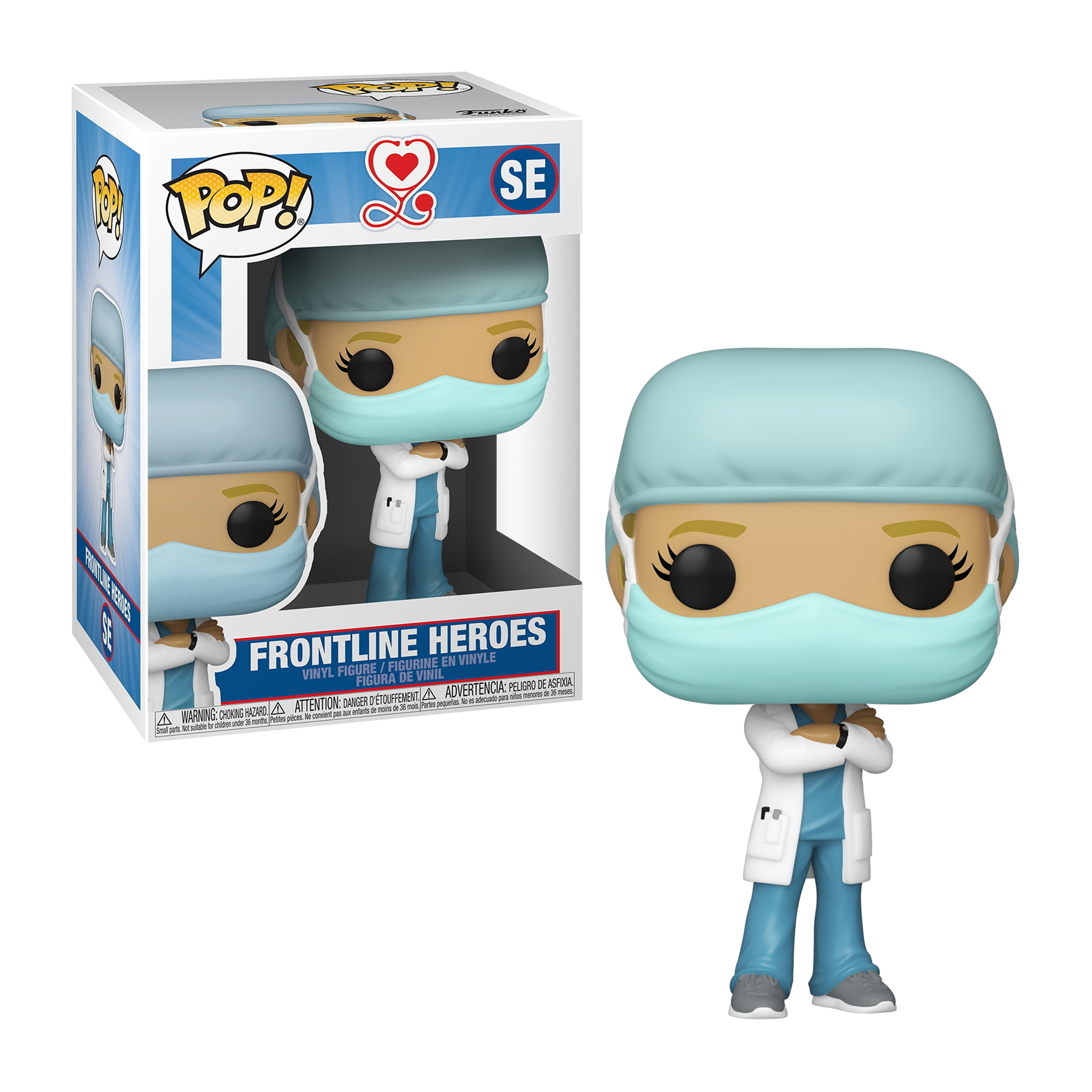 Eine Krankenschwester-Figur mit Maske und OP-Kleidung, Arme verschränkt, in einer Box.
