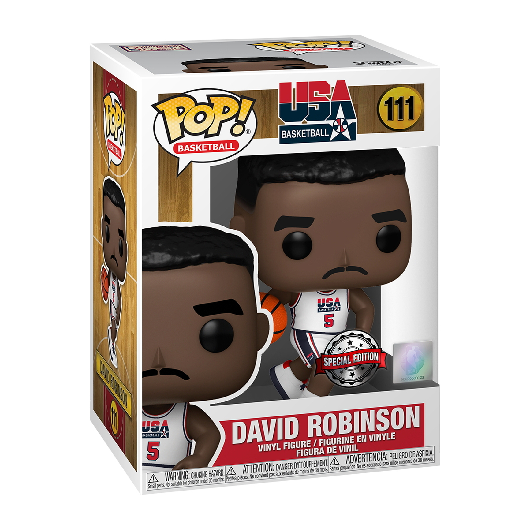 David Robinson Figur in einer Box, hält einen Basketball, trägt ein USA-Basketballtrikot.