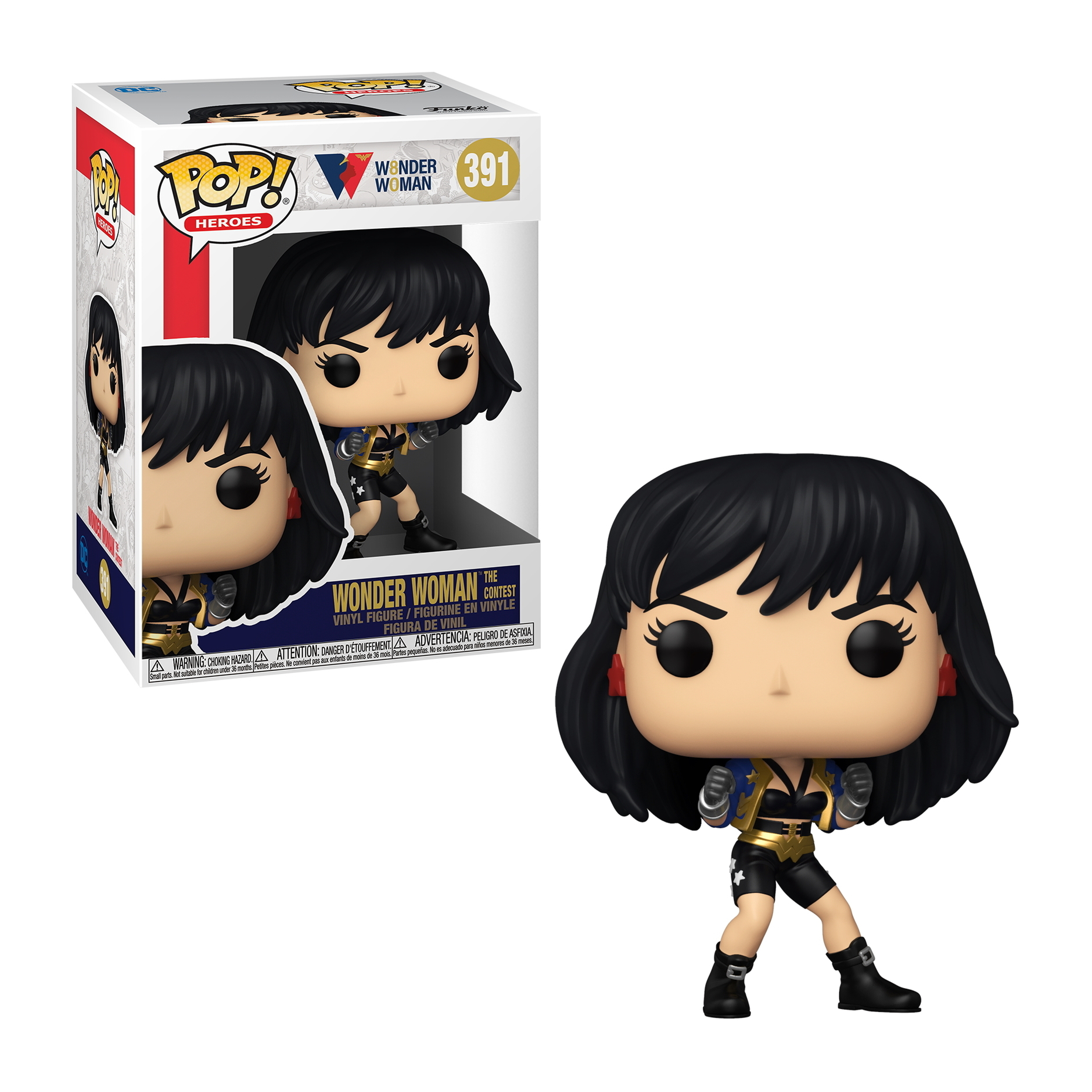 Wonder Woman Figur in Box, schwarzes Haar, goldener Oberteil, schwarze Shorts, Kampfhaltung.