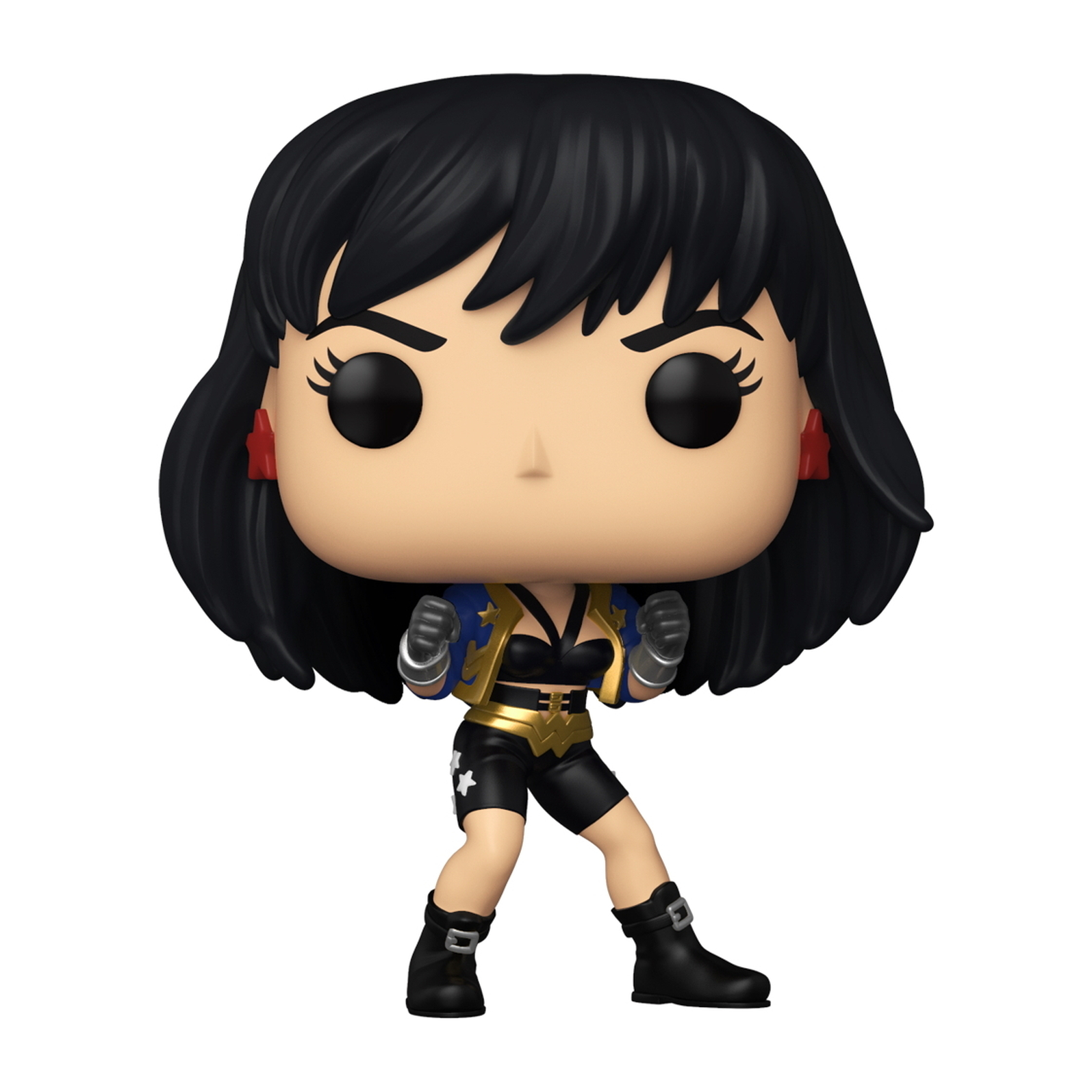 Eine Funko Pop Figur von Wonder Girl in einem schwarz-goldenen Outfit, mit schwarzen Haaren und roten Ohrringen.