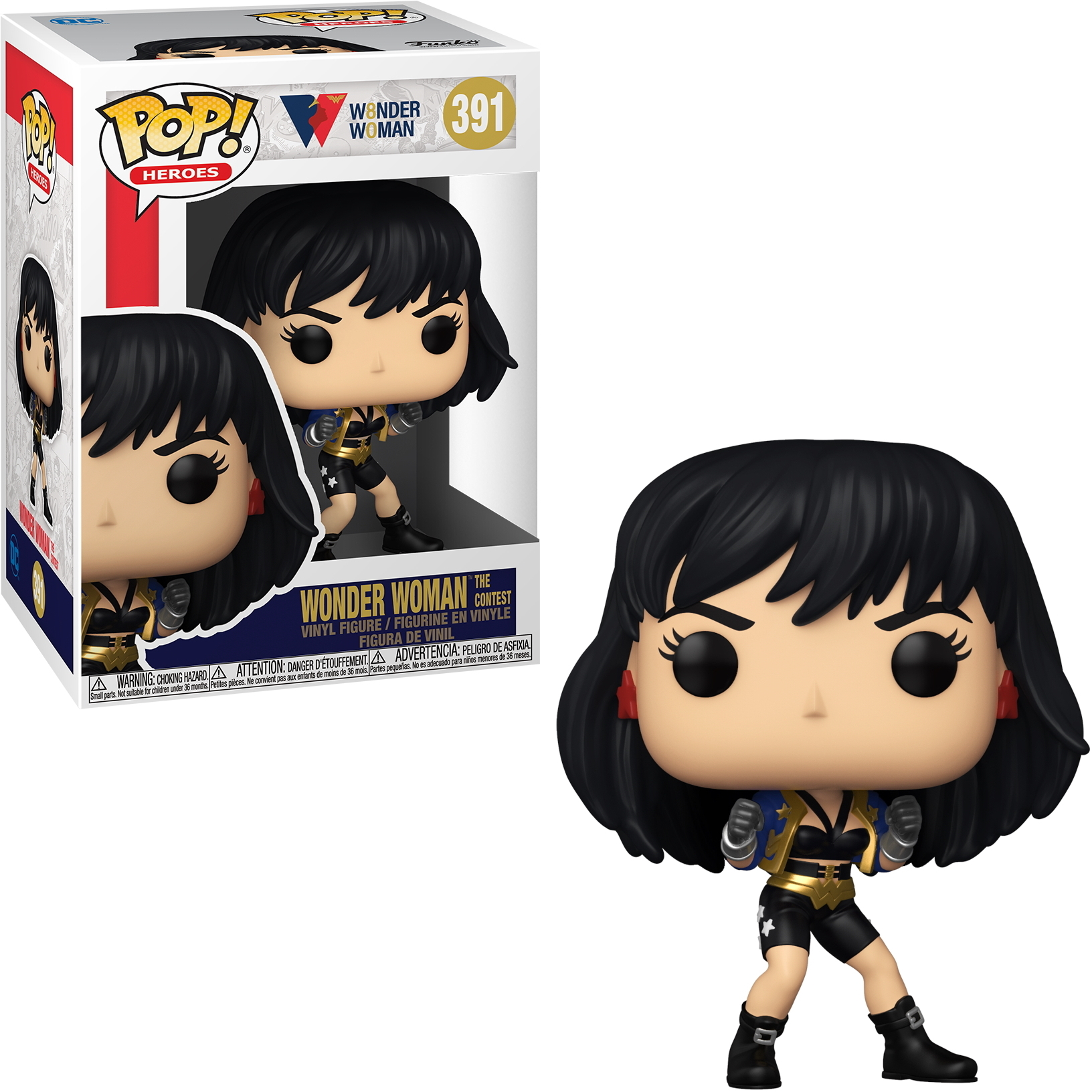 Wonder Woman Funko Pop Figur. Schwarzes Haar, goldenes und blaues Outfit und entschlossener Ausdruck. Verpackt.