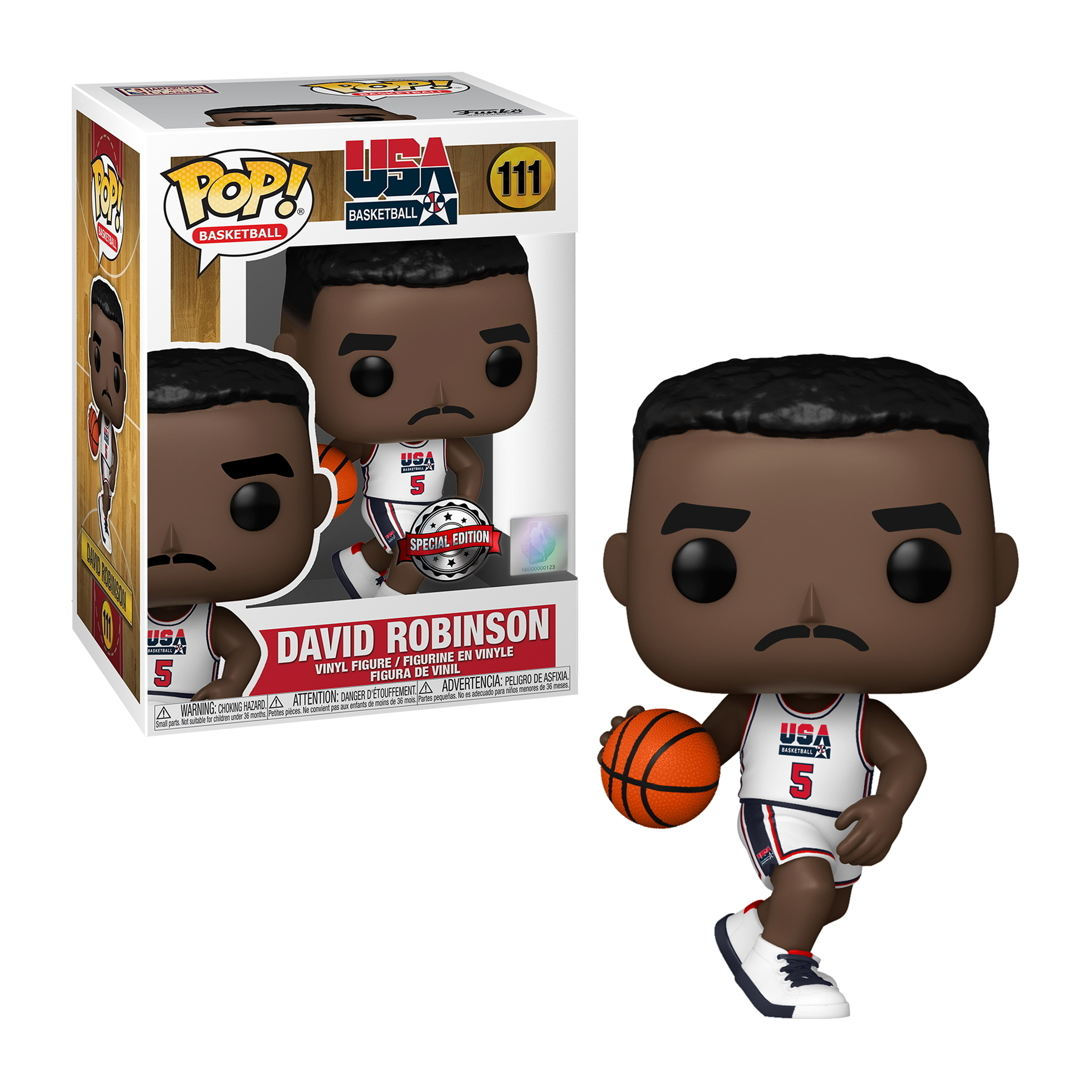 David Robinson Funko Pop Figur in einem USA-Basketball-Trikot, hält einen Ball. Box im Hintergrund.