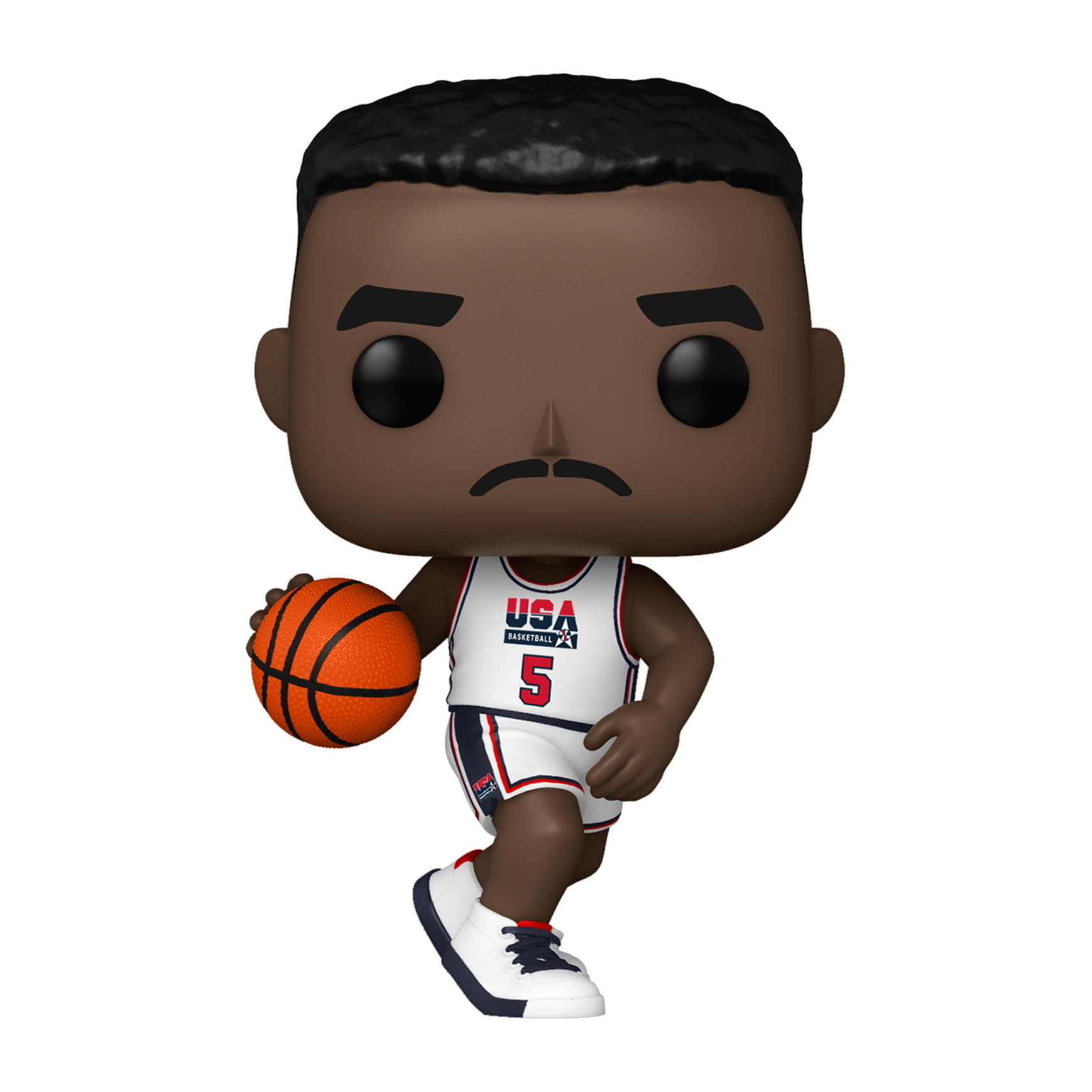 Ein Funko Pop eines Basketballspielers mit der Nummer 5 auf dem Trikot, der einen Ball dribbelt.
