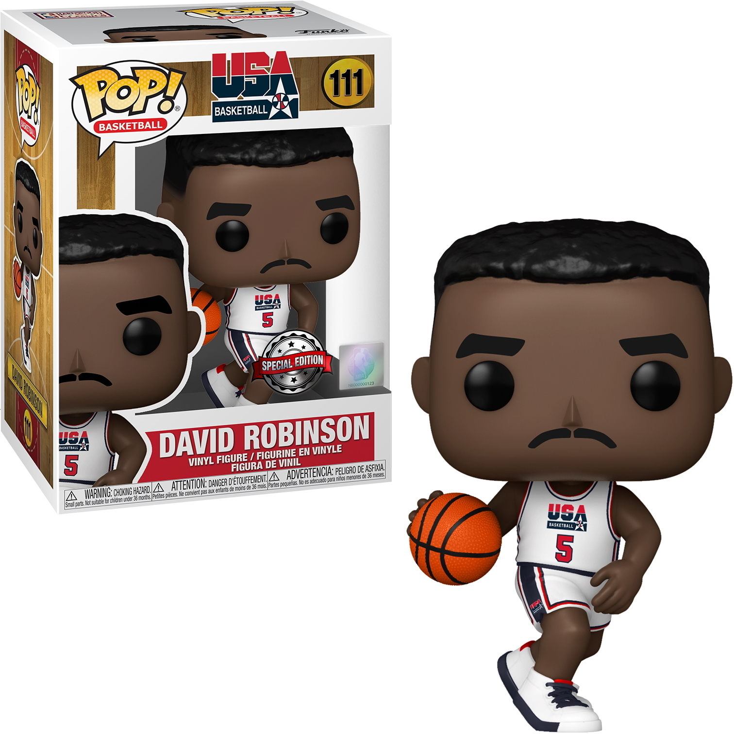David Robinson Figur in USA-Basketball-Uniform, hält Ball. Figur in Box.