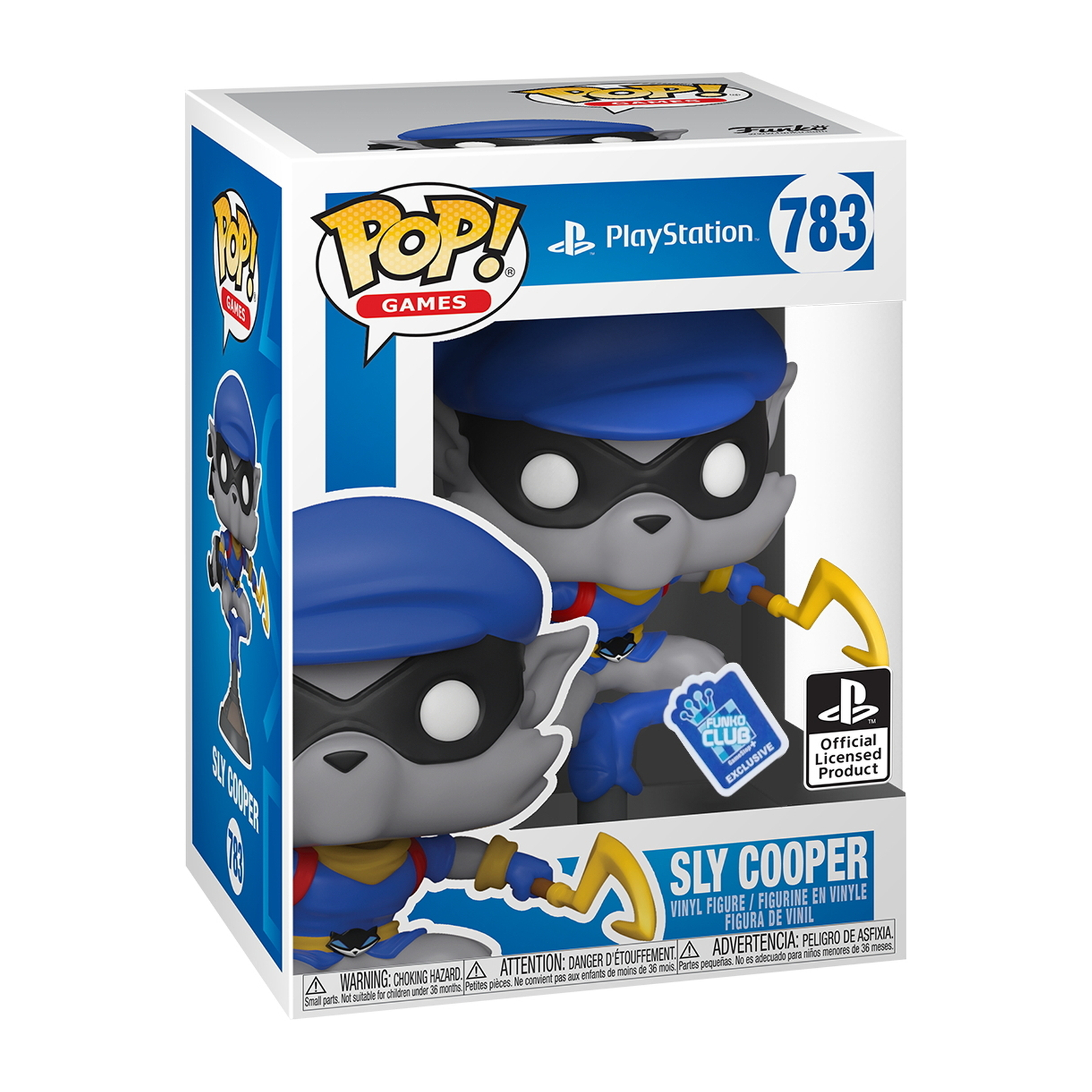 Sly Cooper Figur in einer Box, hält einen gelben Stock.