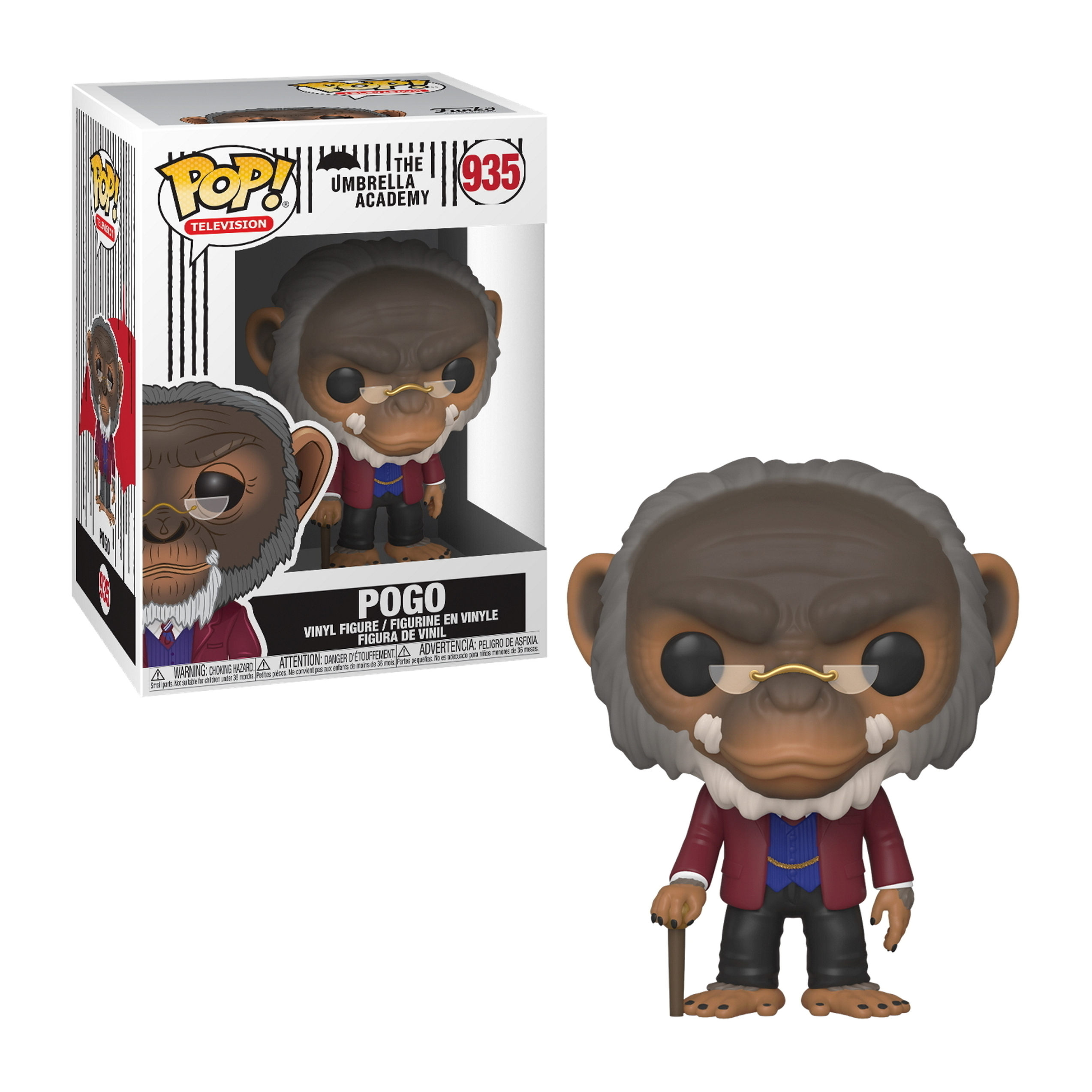 Figurka Pogo Funko Pop. Małpa w okularach, z laską, w garniturze. Postać z The Umbrella Academy.
