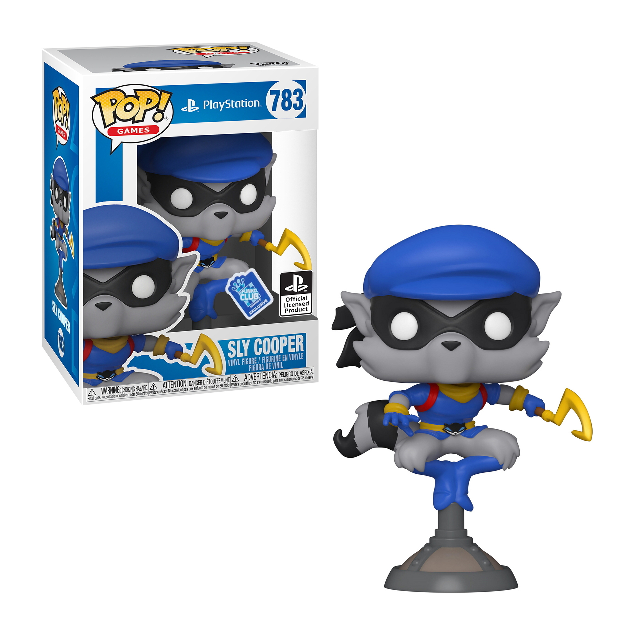Sly Cooper Funko Pop Figur mit blauem Hut und Stock, Hintergrund mit Box.