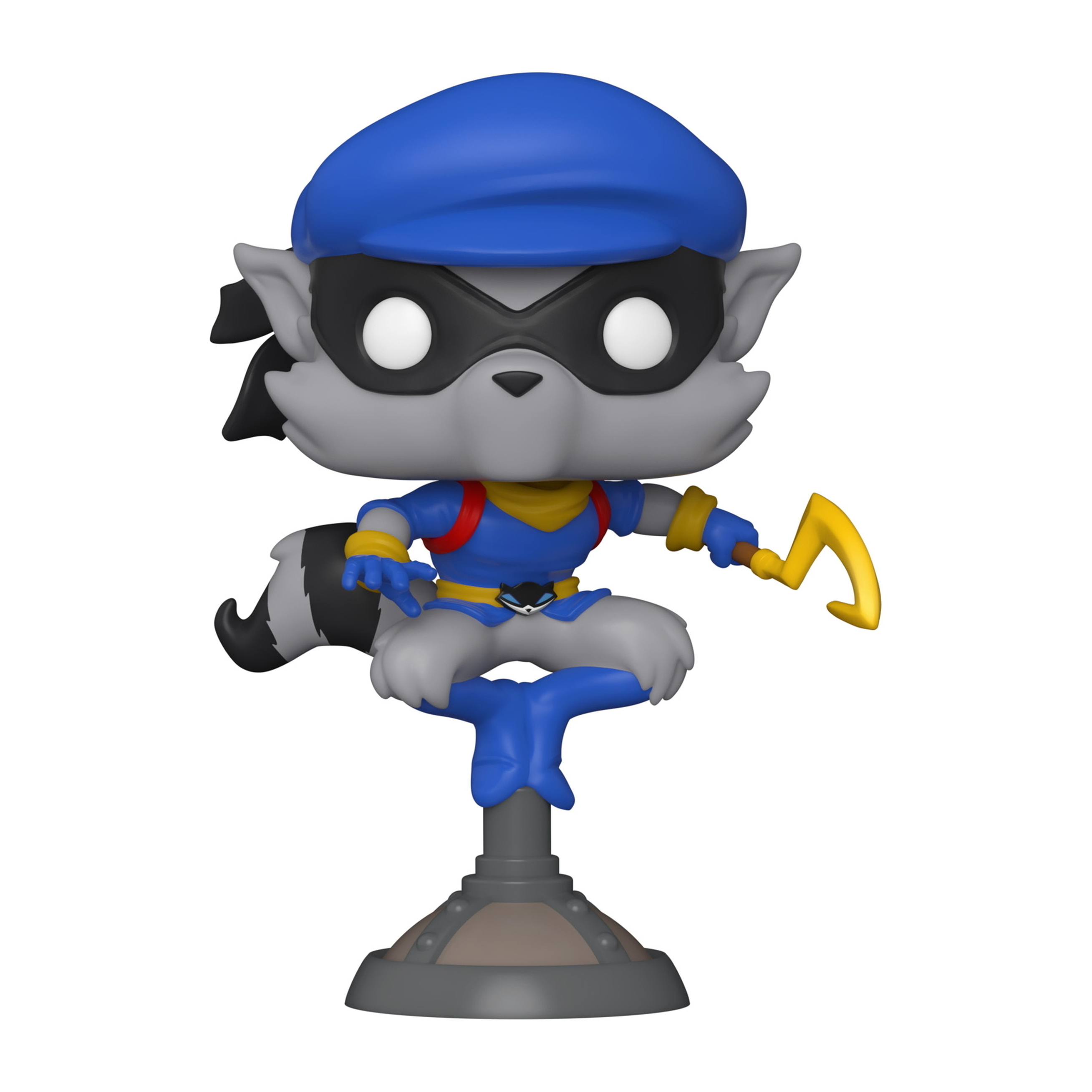 Sly Cooper Funko Pop Figur. Waschbär mit blauem Outfit, Maske und einem Stock. Die Figur sitzt auf grauer Basis.