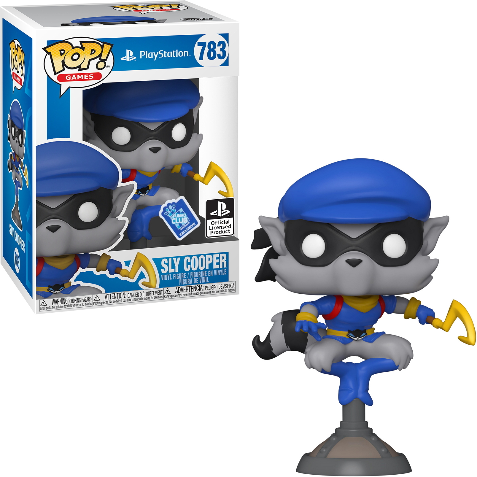Sly Cooper Funko Pop Figur in der Box. Er hat einen blauen Hut, eine Maske und ein Kostüm. Er hält einen Blitz.