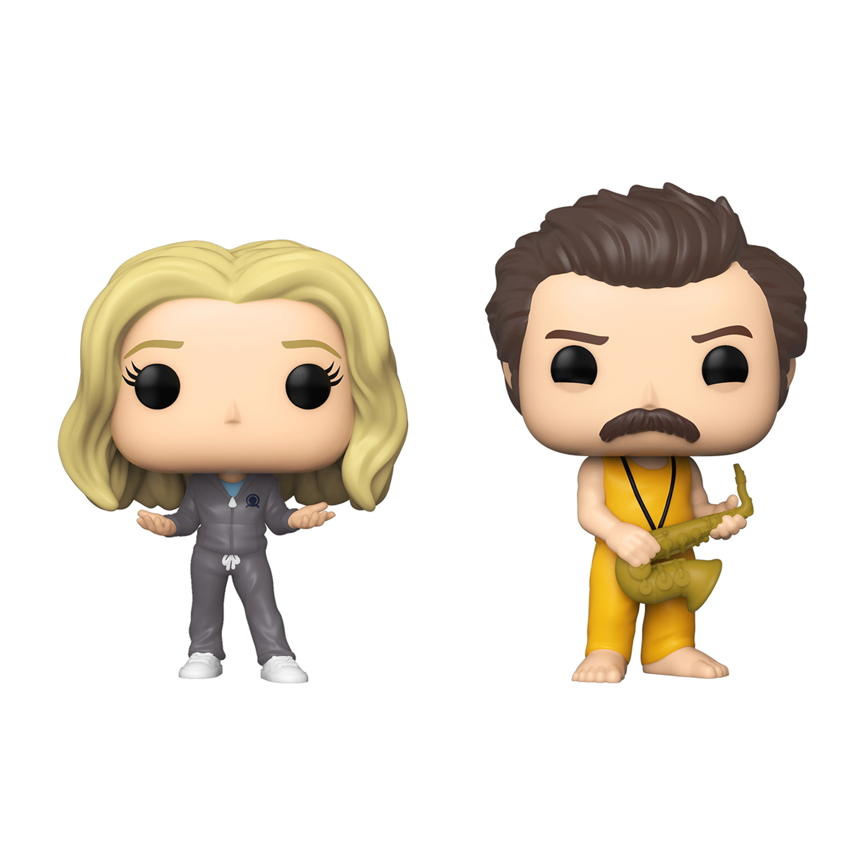 Zwei Funko Pop Figuren: eine Frau in einem grauen Overall und ein Mann in einem gelben Overall mit Saxophon.