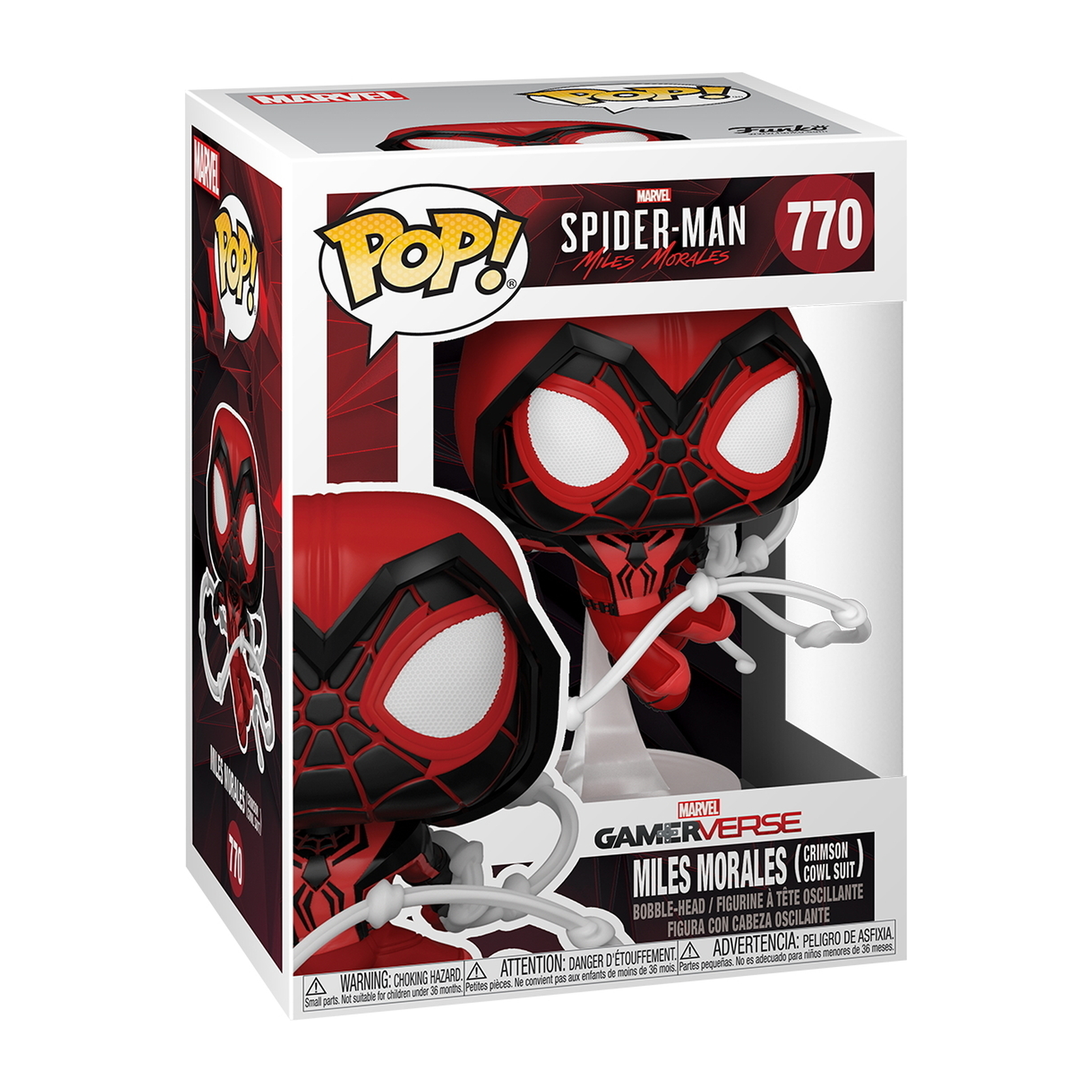Spider-Man Miles Morales Figur in einer Box, rot-schwarzer Anzug, weißes Netz, Pop!-Logo.