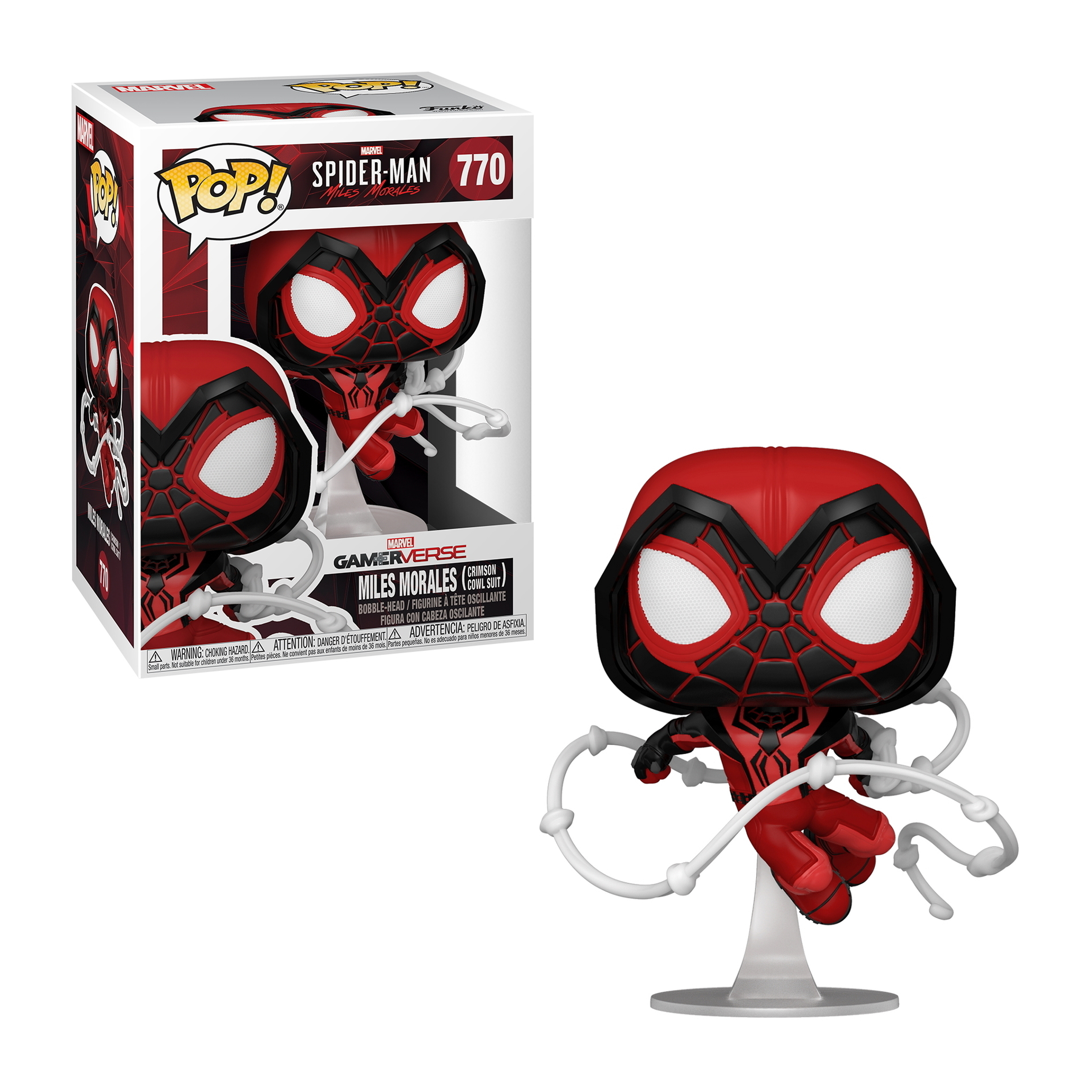 Spider-Man Funko Pop Figur in rotem und schwarzem Anzug, mit angebrachten Netzen.
