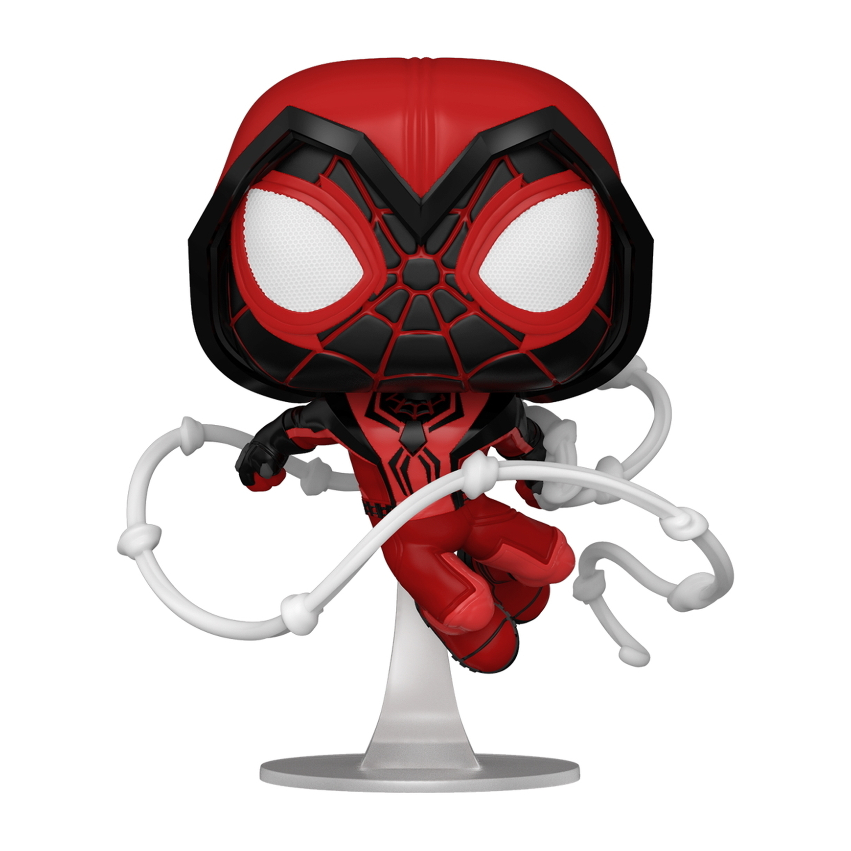 Spider-Man-Figur mit rotem und schwarzem Anzug, in der Luft mit Netz posiert.