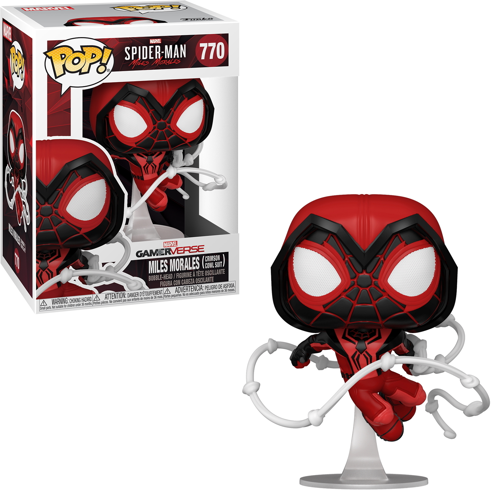 Spider-Man-Figur, rot und schwarz, mit Web-Effekten.