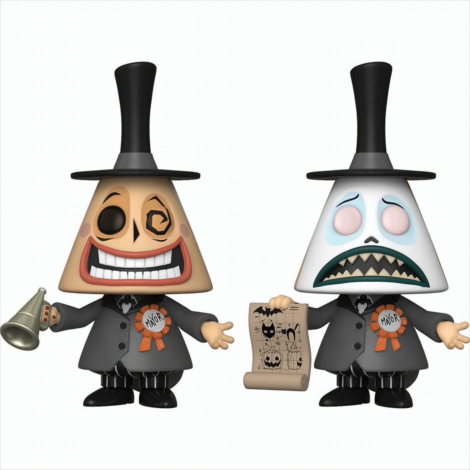 Due figure del sindaco da The Nightmare Before Christmas. Uno felice, uno triste. Entrambi in abito e cappello.
