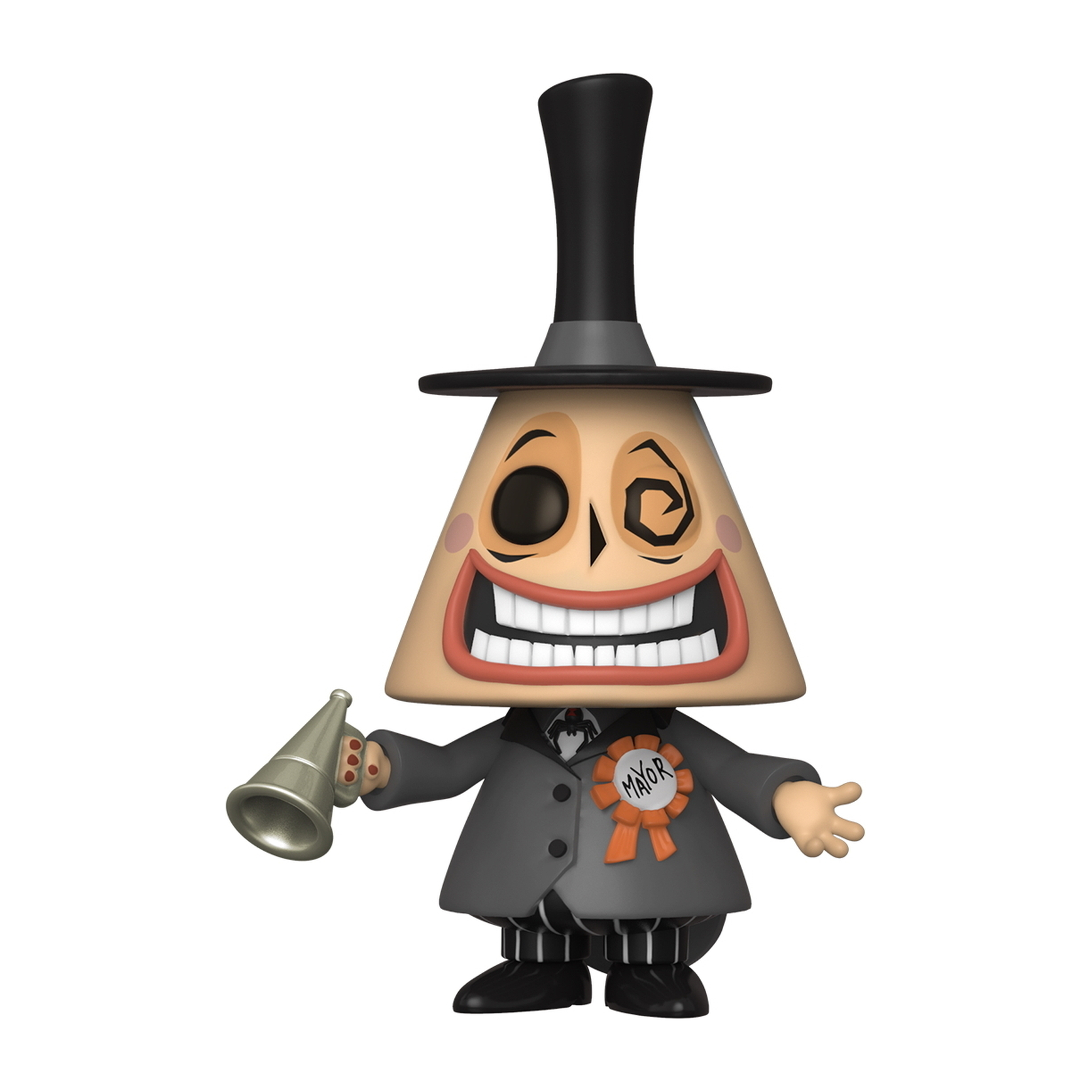 Figura del sindaco di The Nightmare Before Christmas, con un megafono. Indossa un abito.