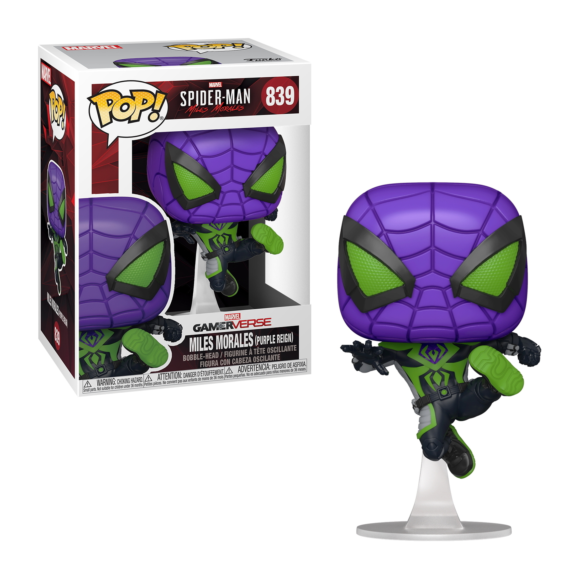 Miles Morales Spider-Man Funko Pop con scatola. Abito viola e verde, design a ragnatela, base bianca.