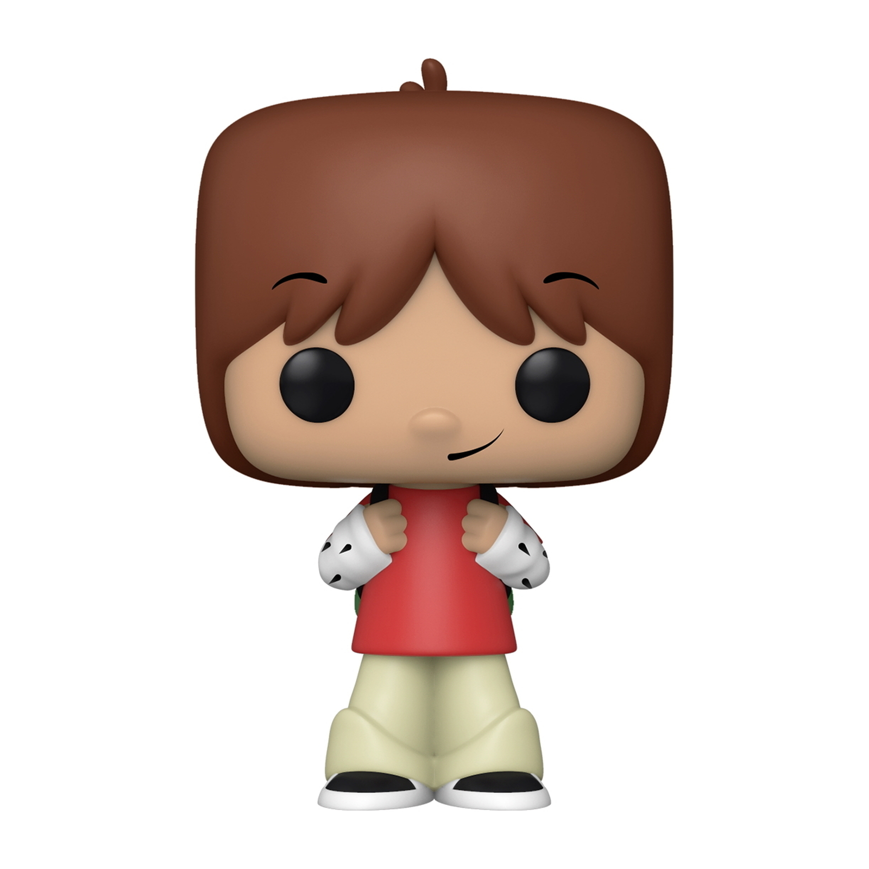 Funko Pop-Figur eines Jungen mit braunen Haaren, rotem Hemd und beigefarbener Hose. Er steht lächelnd.
