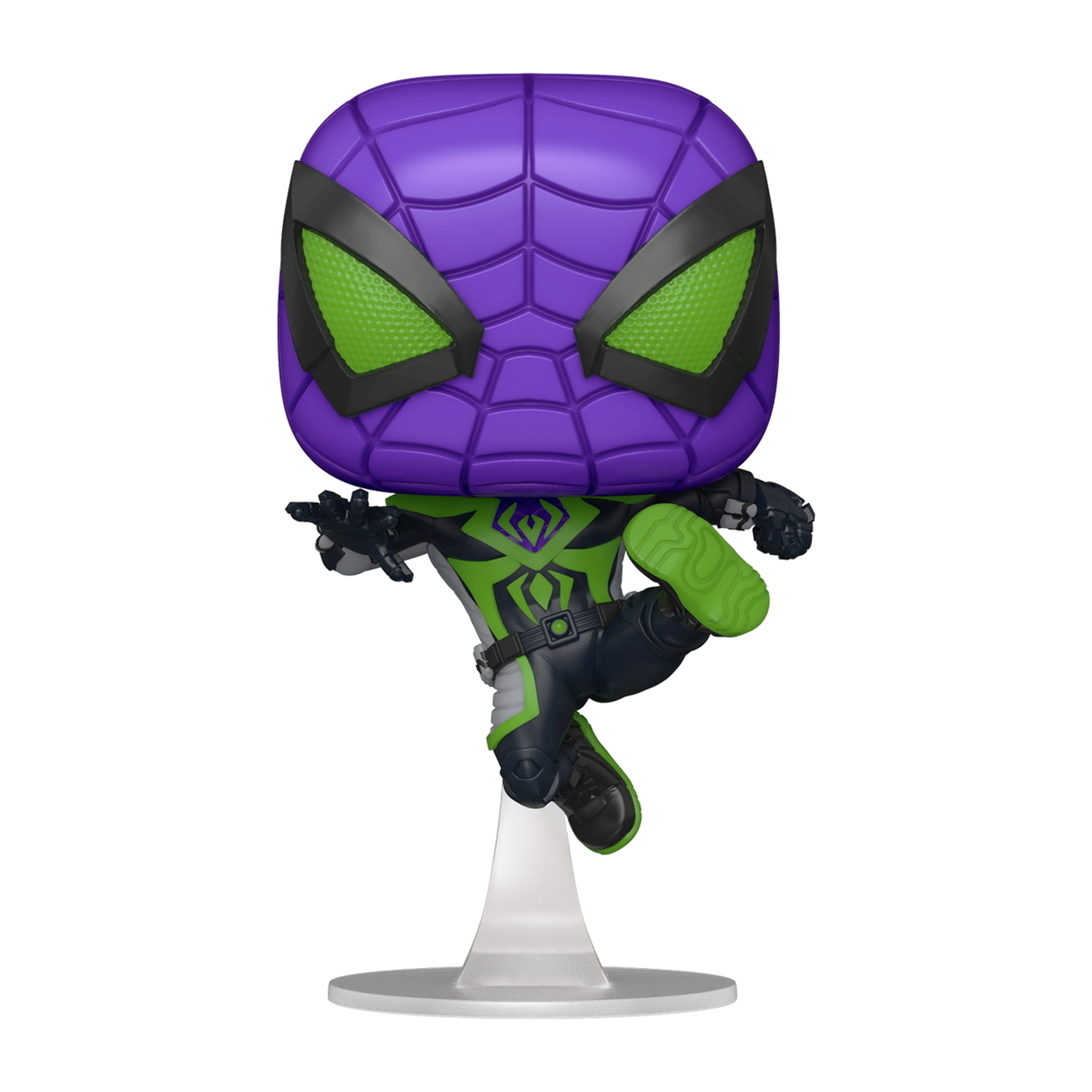 Figura Funko Pop di Spider-Man con testa viola e occhi verdi, in posa di combattimento.