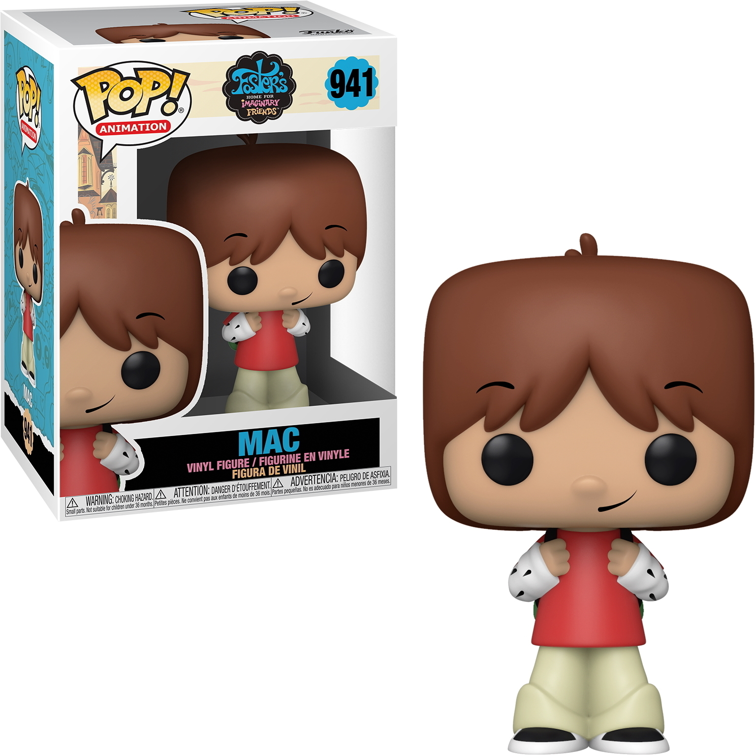 Mac-Figur trägt ein rotes Hemd, beige Hose. Braune Haare und schwarze Augen. Auf der Box steht 'Mac, Vinylfigur'.