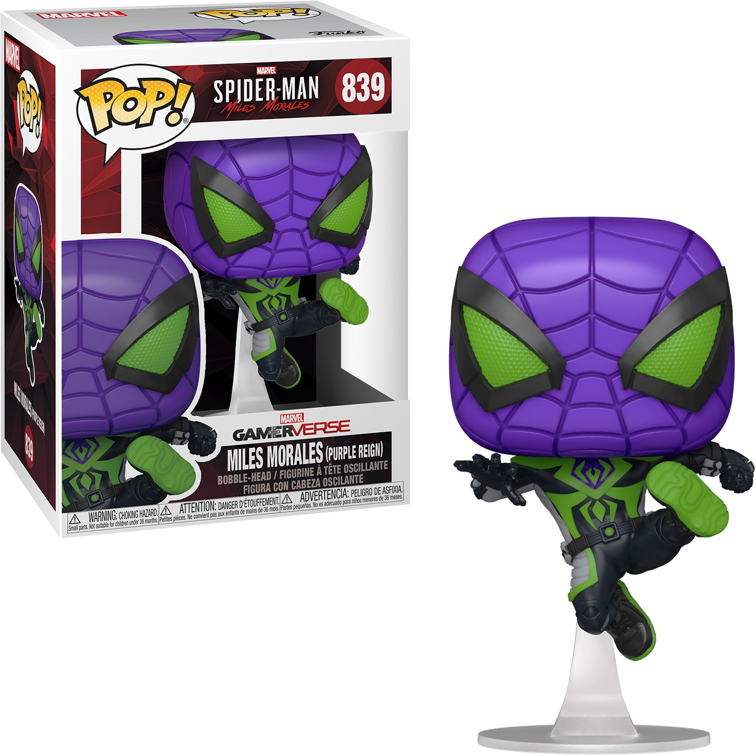 Spider-Man Miles Morales Funko Pop in costume viola e verde, con un supporto.