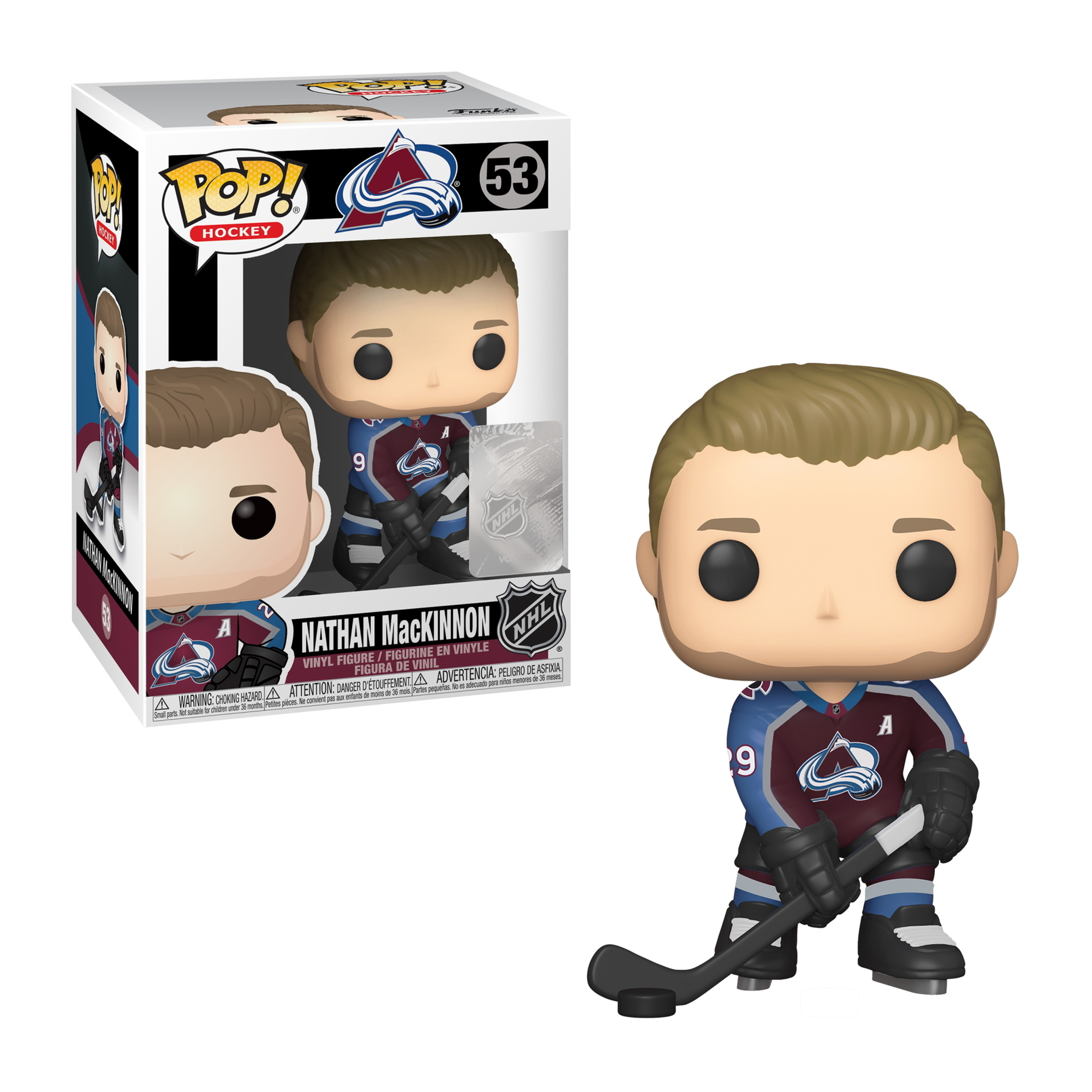Nathan MacKinnon Funko Pop Figur, Hockey-Ausrüstung, mit dem Avalanche-Trikot, hält einen Hockeyschläger.