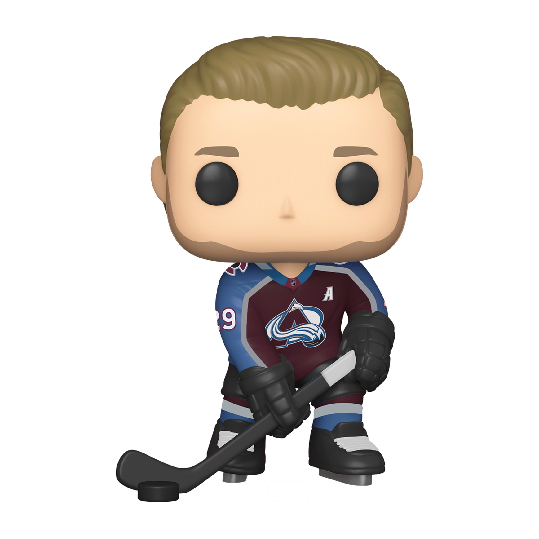 Eishockeyspieler-Figur in einem Avalanche-Trikot, hält einen Hockeyschläger und einen Puck.