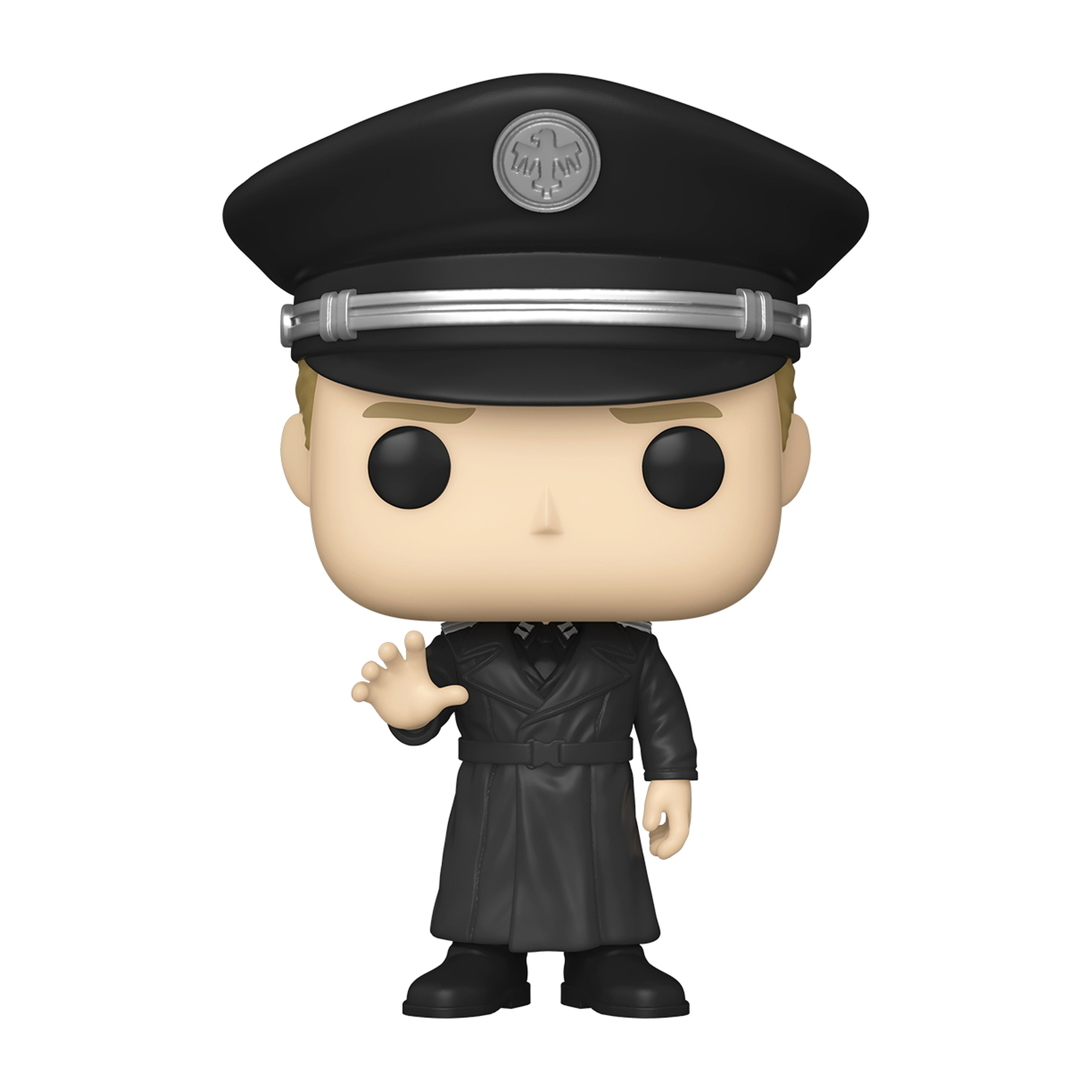Figur eines Mannes in schwarzer Uniform und Hut, mit erhobener Hand. Die Figur ist in einer Box.