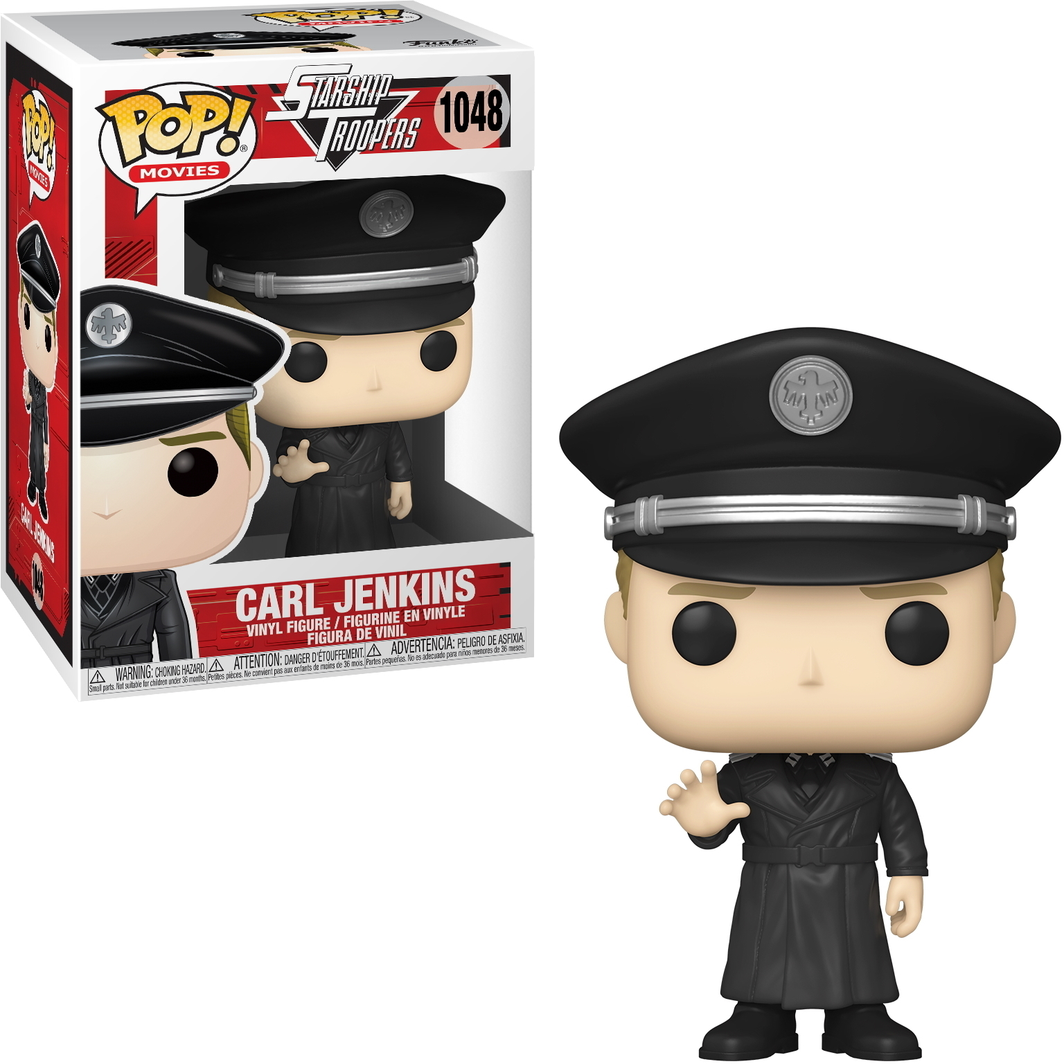 Carl Jenkins Figur in Box, schwarze Uniform, Hut, winkend, blondes Haar, Offizier.
