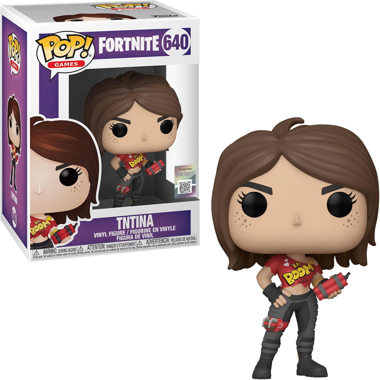 Funko Pop-Figur von TNTina aus Fortnite, die eine rote Bombe hält.