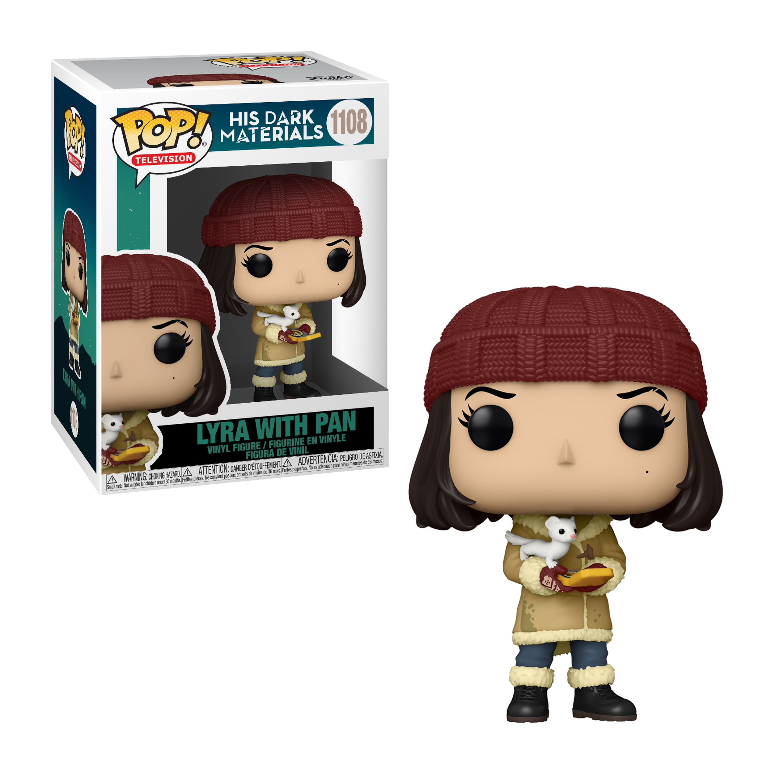 Funko Pop-Box und Figur von Lyra mit Pan aus His Dark Materials. Box und Figur gezeigt.