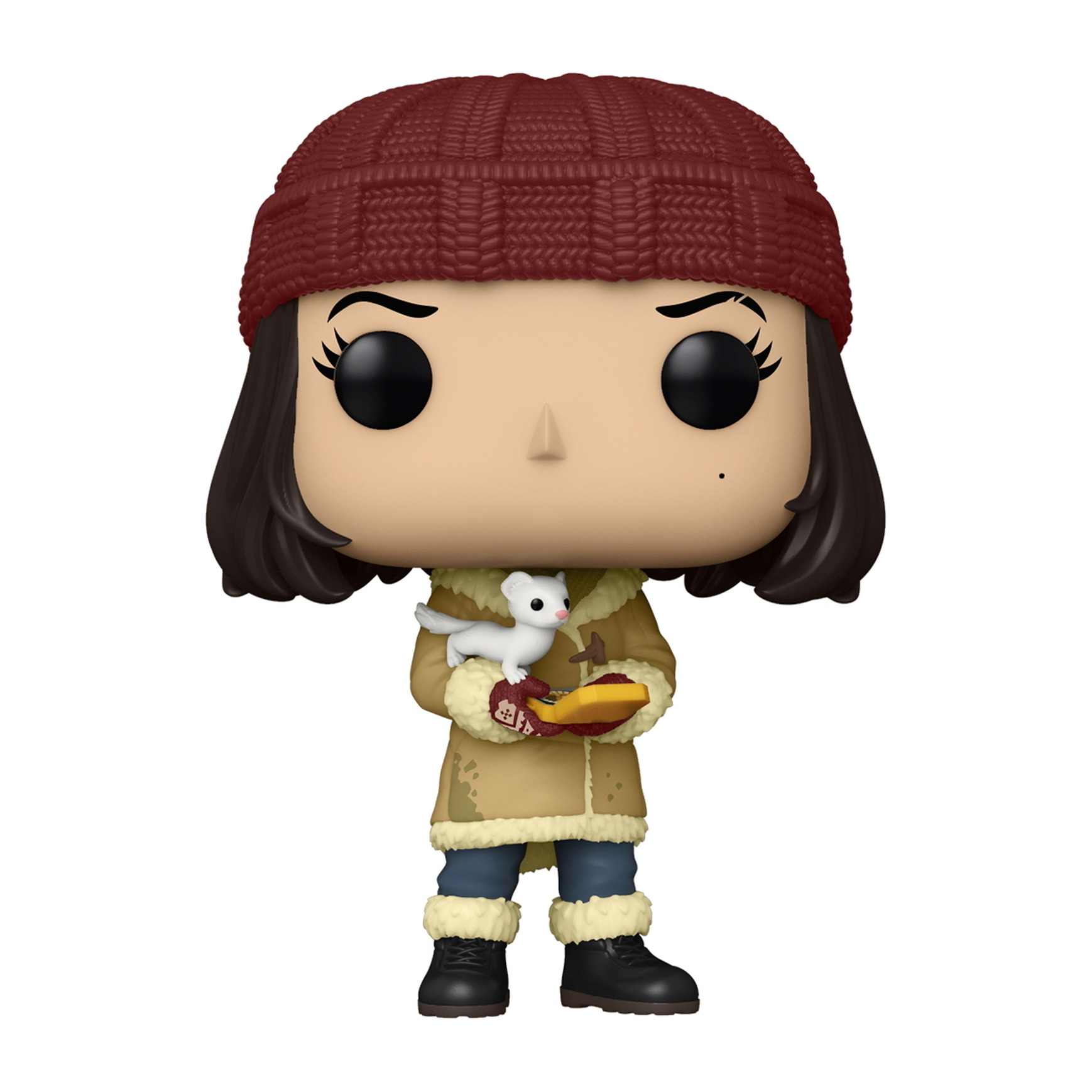 Funko Pop einer Frau in Winterkleidung, die ein weißes Wiesel und ein gelbes Objekt hält. Roter Hut.