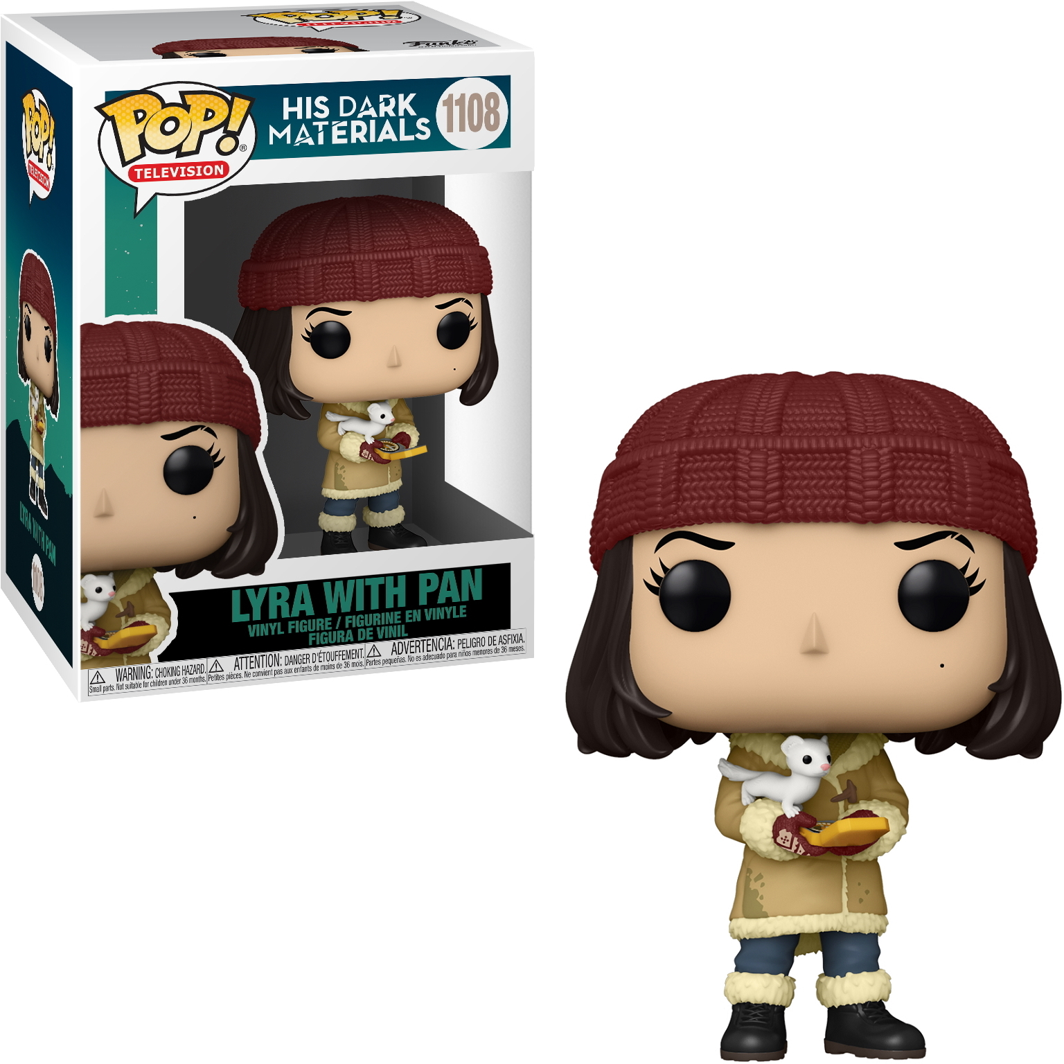 Eine Lyra Funko Pop Figur mit einer Box. Lyra hält ein kleines Tier.