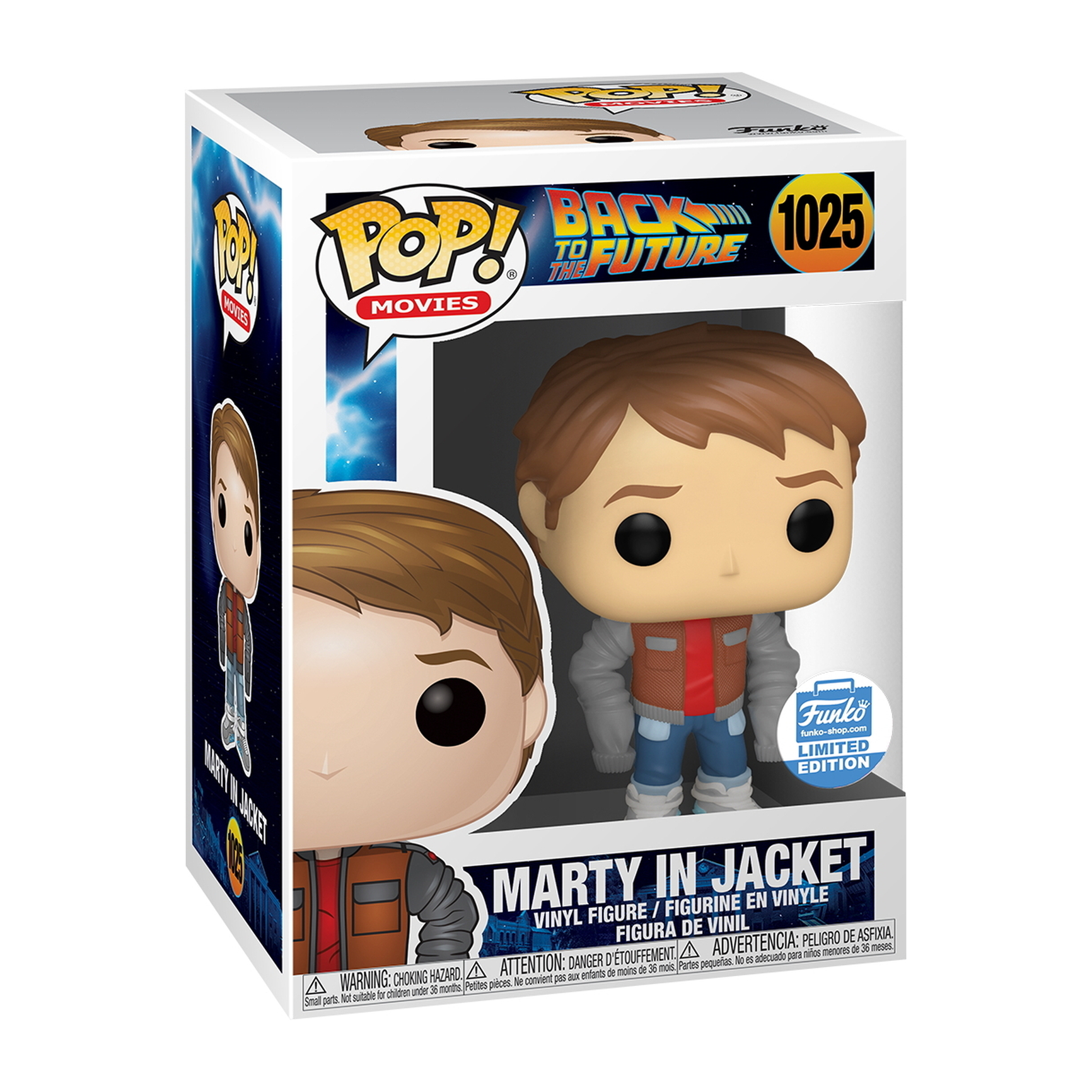 Marty in Jacke Funko Pop Figur in einer Box. Er trägt eine Jacke, Jeans und einen grauen Pullover.