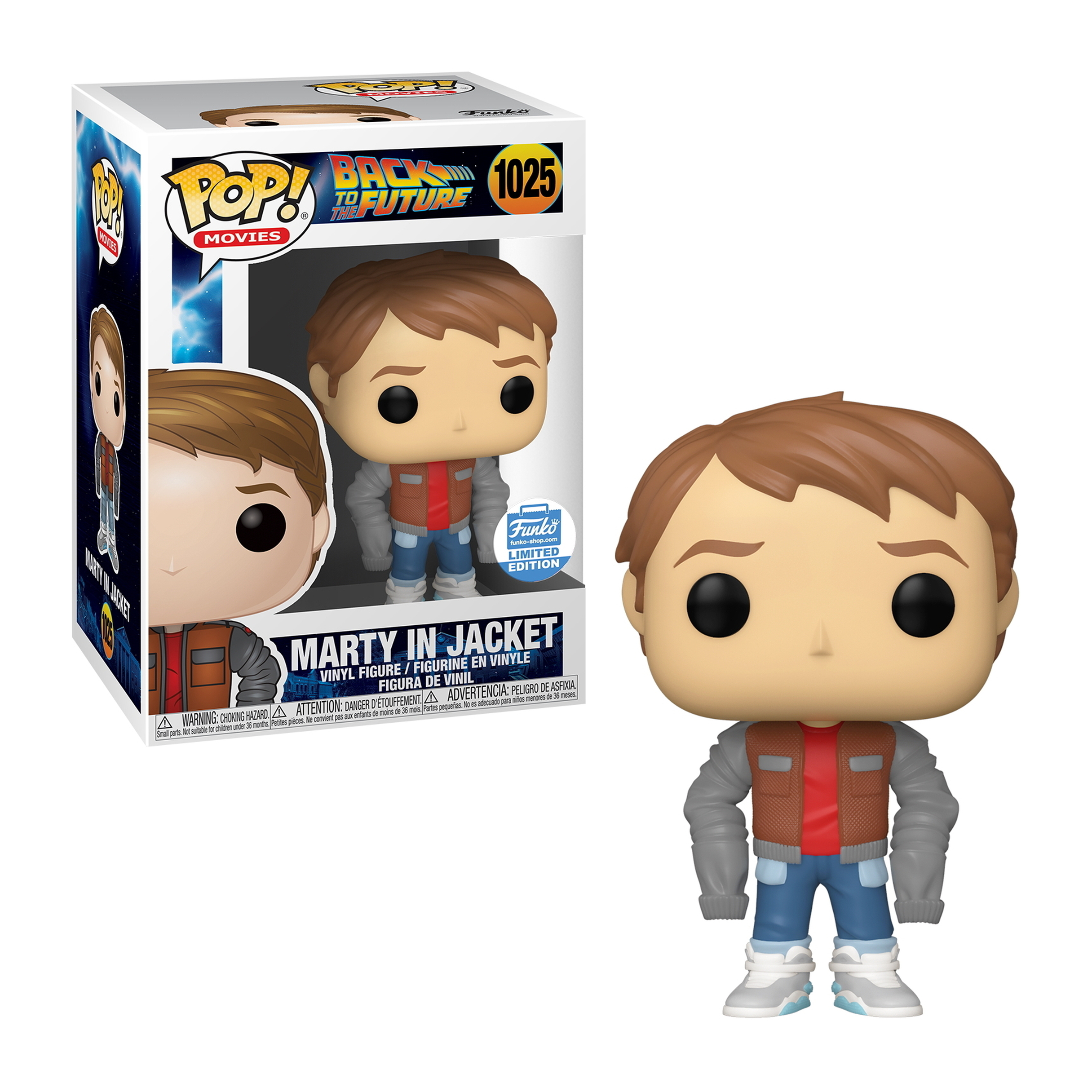 Marty McFly Funko Pop Figur in Jacke und Jeans. Braune Haare, rotes Hemd und eine graue Jacke. Box enthalten.