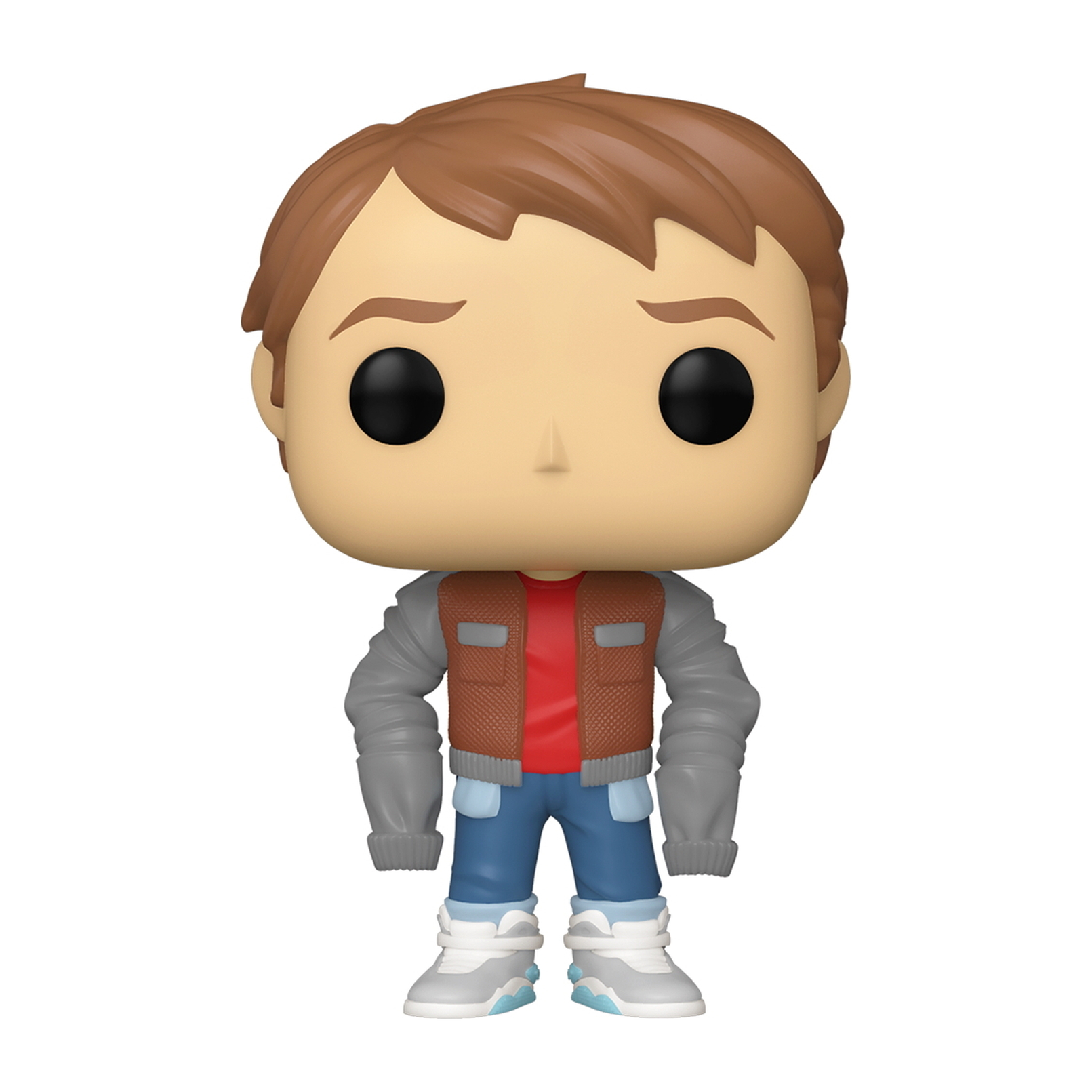 Eine Funko Pop-Figur eines Mannes in rotem Hemd, blauen Jeans und grauer Jacke.