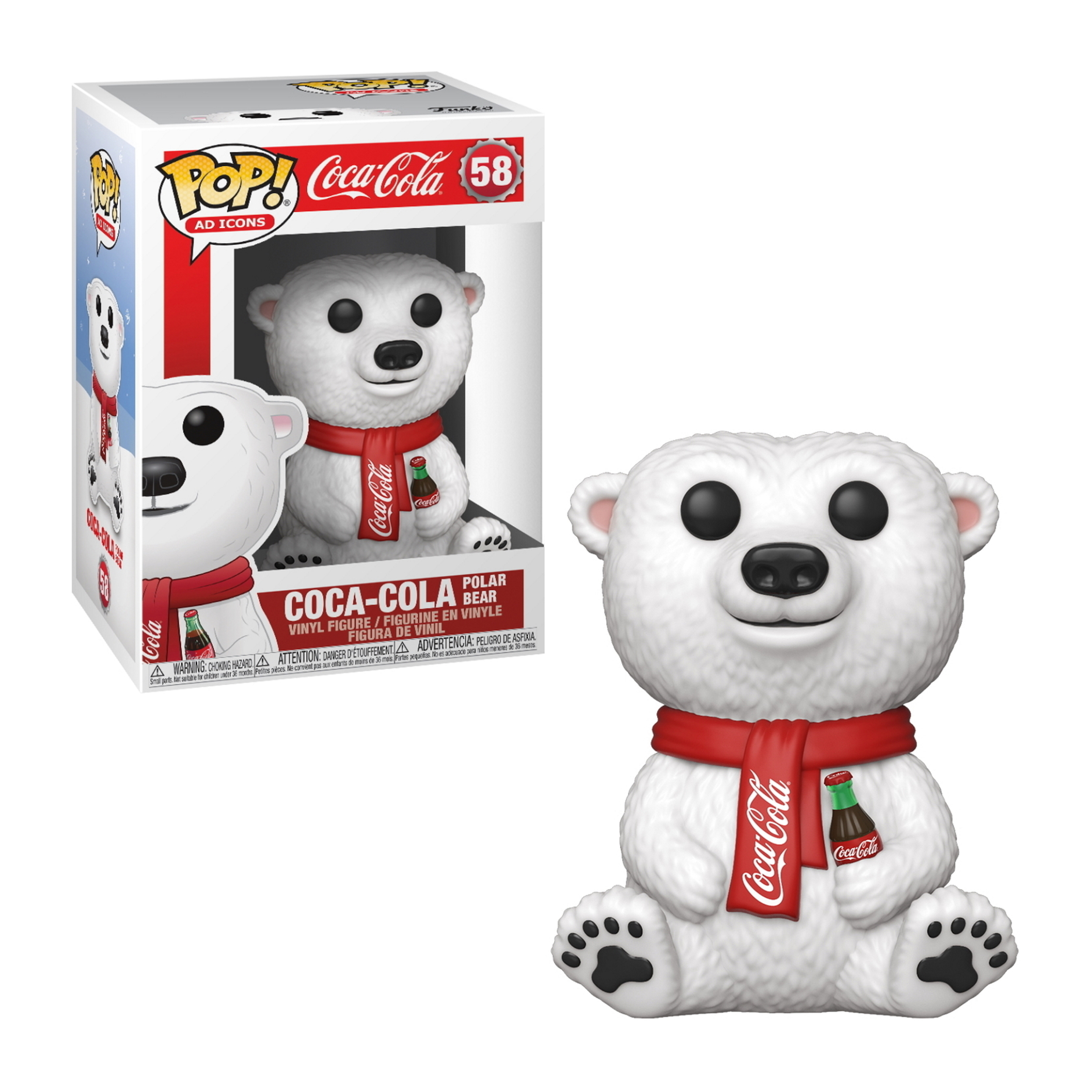 Figura Funko Pop di un orso polare con sciarpa rossa e una bottiglia di Coca-Cola. Sfondo bianco.
