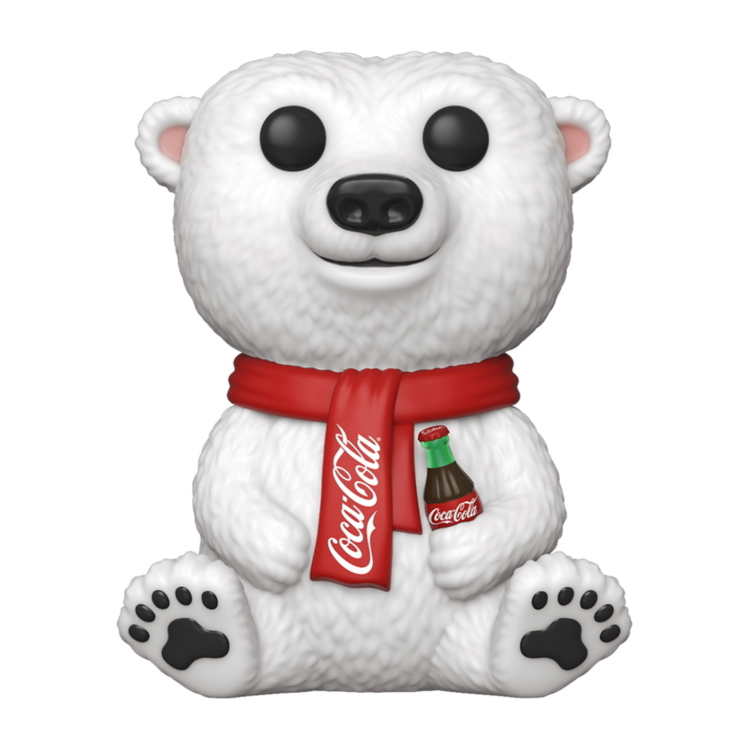Figura dell'orso polare Coca-Cola. Orso bianco con sciarpa rossa, tiene una bottiglia di Coca-Cola.