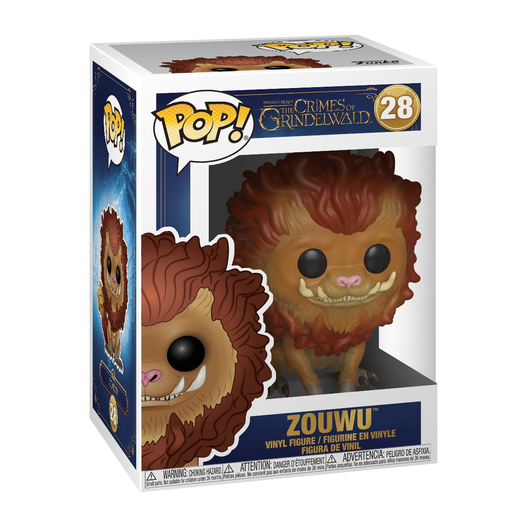Figurka Zouwu Funko Pop w pudełku. Brązowe futro, duże oczy, białe zęby i kręcony ogon. Zbrodnie Grindelwalda.
