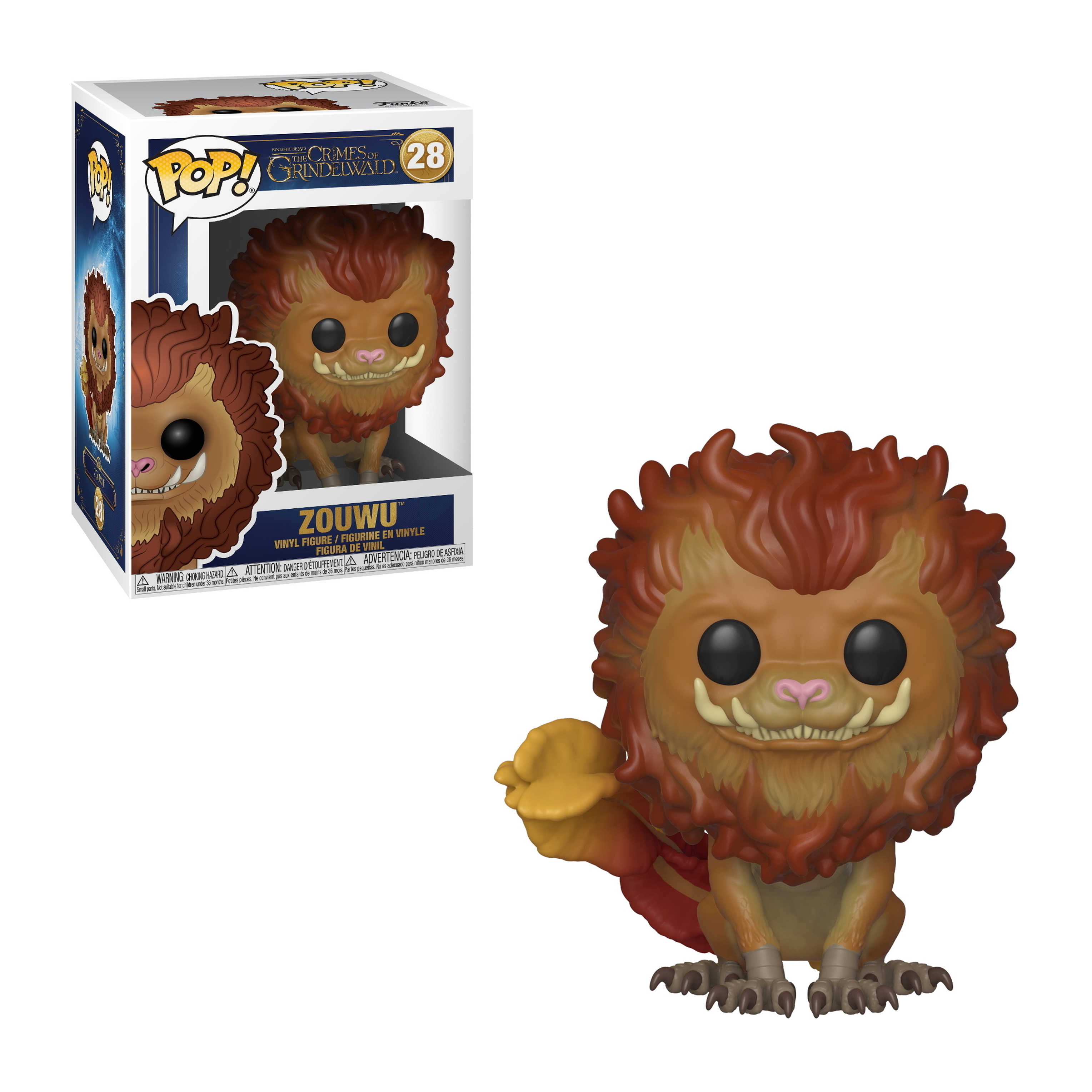 Figurka Funko Pop Zouwu, włochate stworzenie z brązowym futrem, czerwoną peleryną i żółtą szalem. W pudełku.