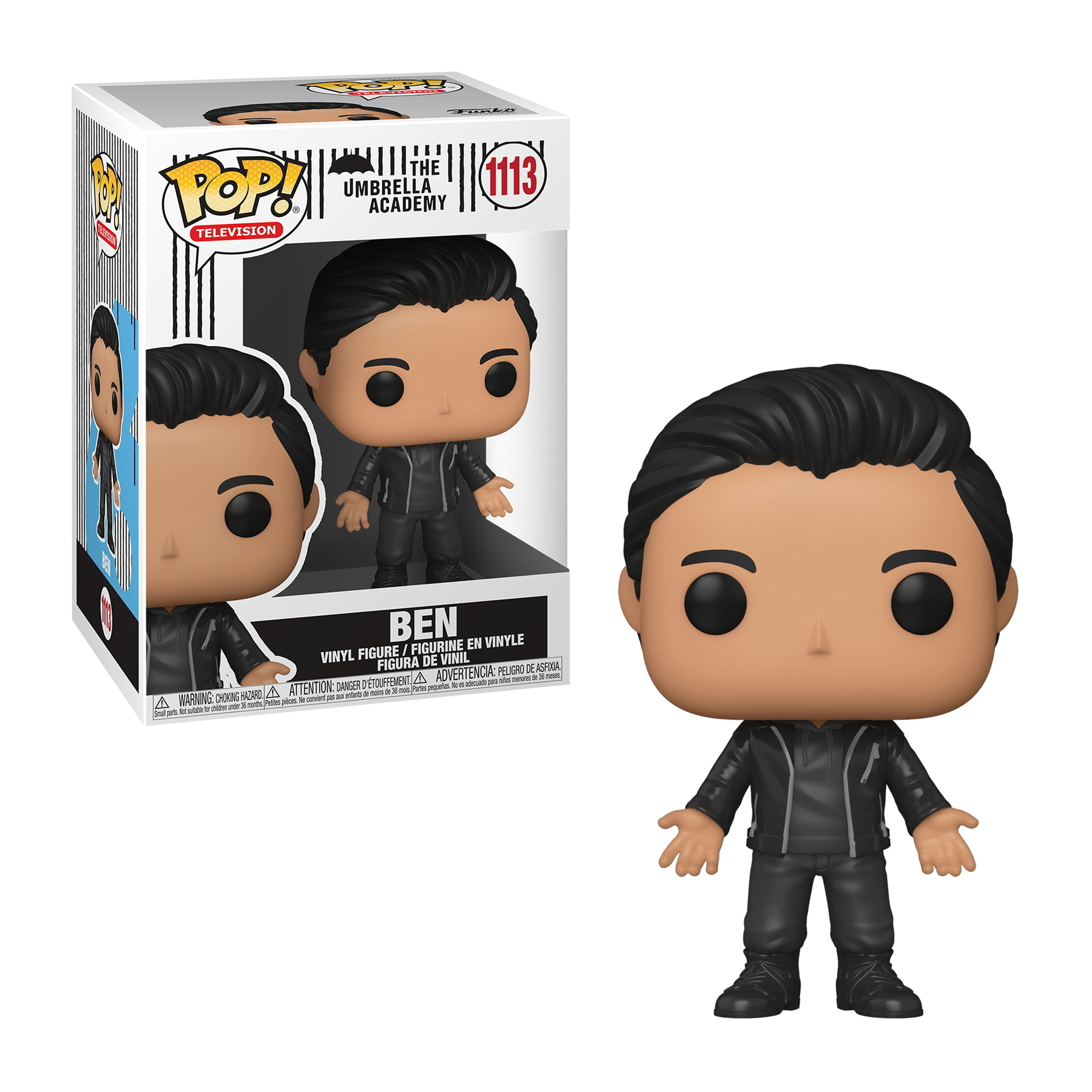 Ben z The Umbrella Academy Funko Pop, w czarnym stroju i z wyciągniętymi ramionami.