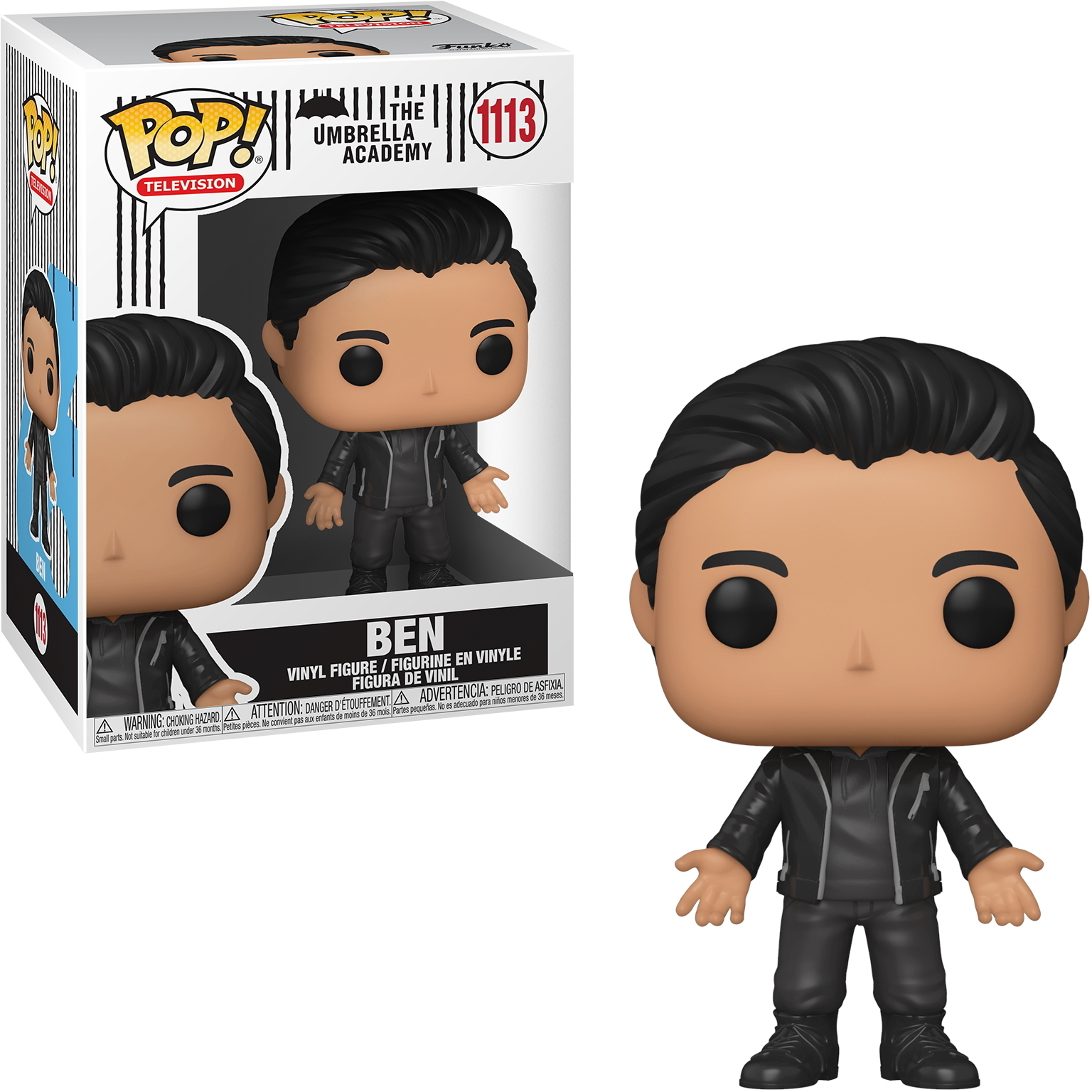 Ben z The Umbrella Academy Funko Pop. Czarne włosy, czarny strój.