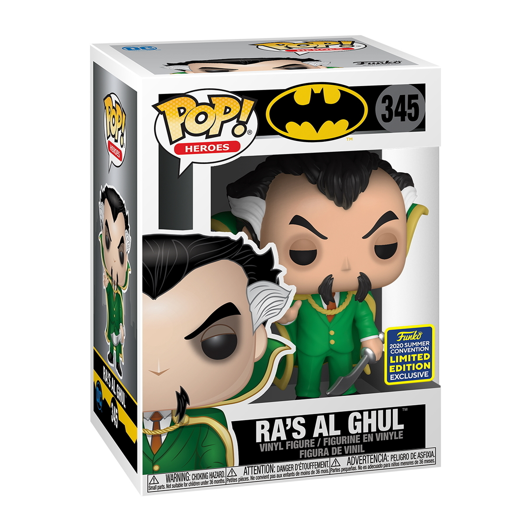 Ra's al Ghul Figur in einer Box. Grüner Anzug, weißes Haar, schwarzer Schnurrbart. Die Box hat ein Limited Edition Label.