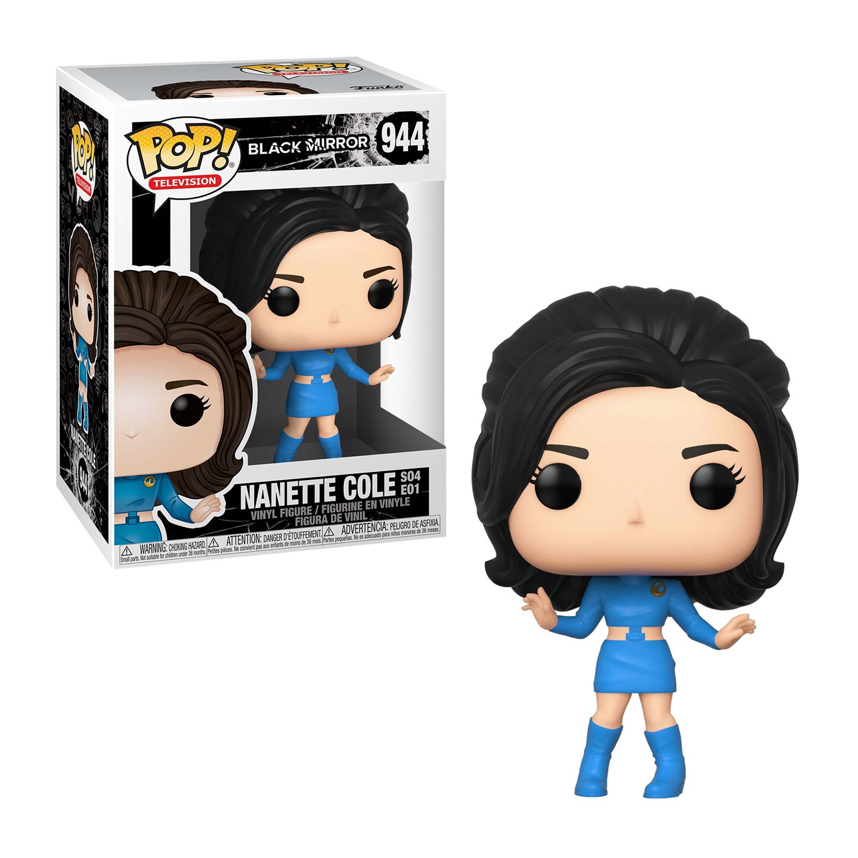Figurka Nanette Cole z Black Mirror, w niebieskim stroju. Pudełko pokazuje figurkę.