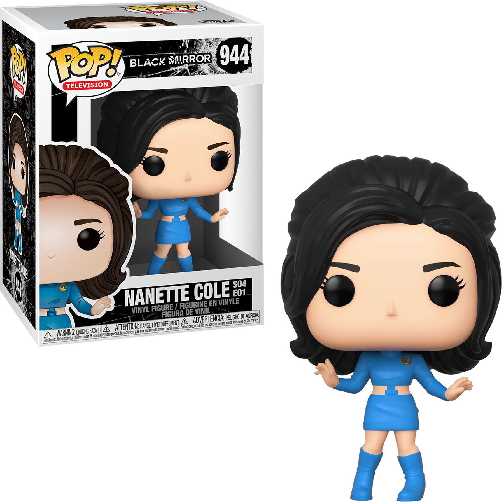 Funko Pop Nanette Cole z Black Mirror, w niebieskim stroju. Ma czarne włosy, stoi z otwartymi ramionami.