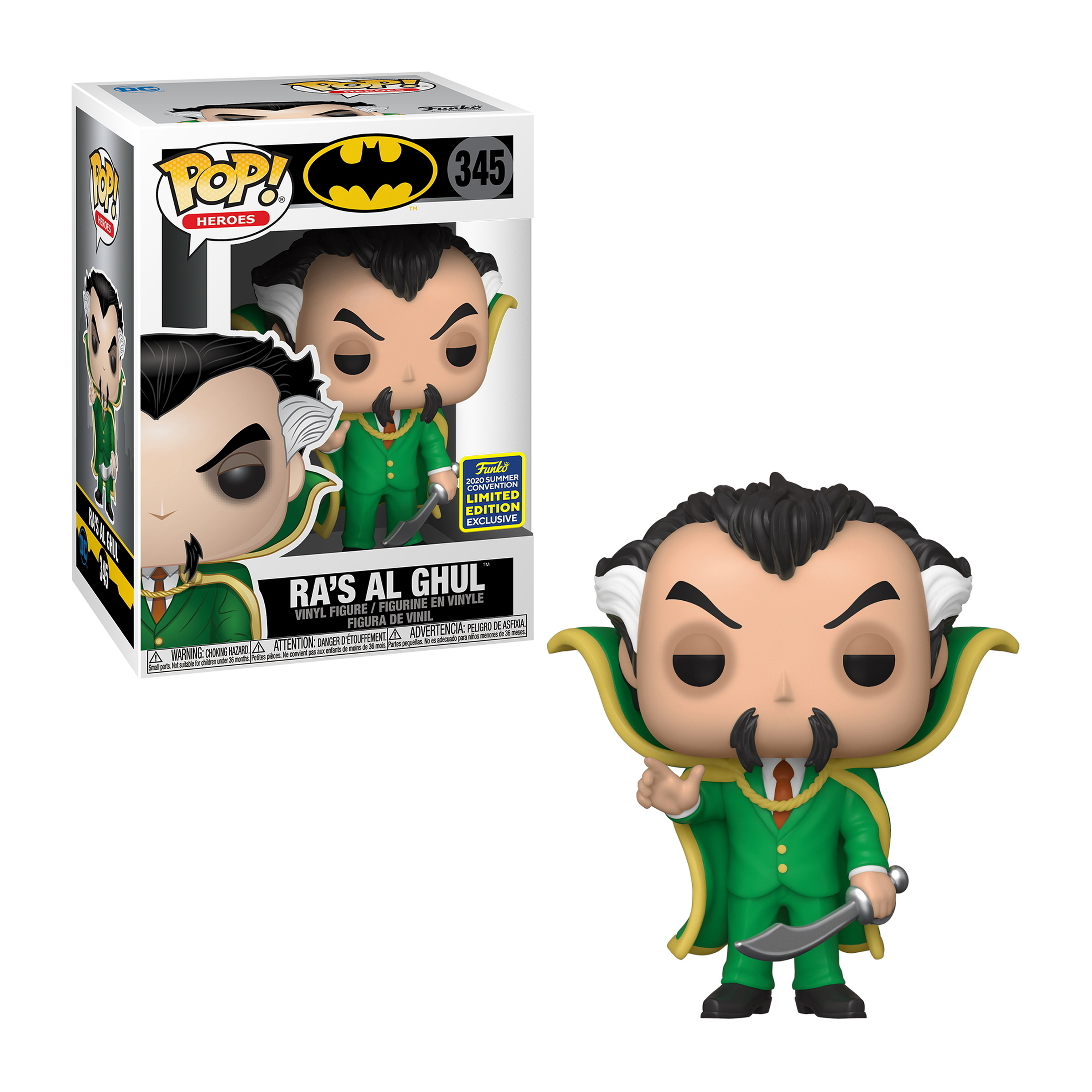 Ra's Al Ghul-Figur, die einen grünen Anzug trägt und eine gebogene Klinge hält. Die Figur hat einen Schnurrbart.
