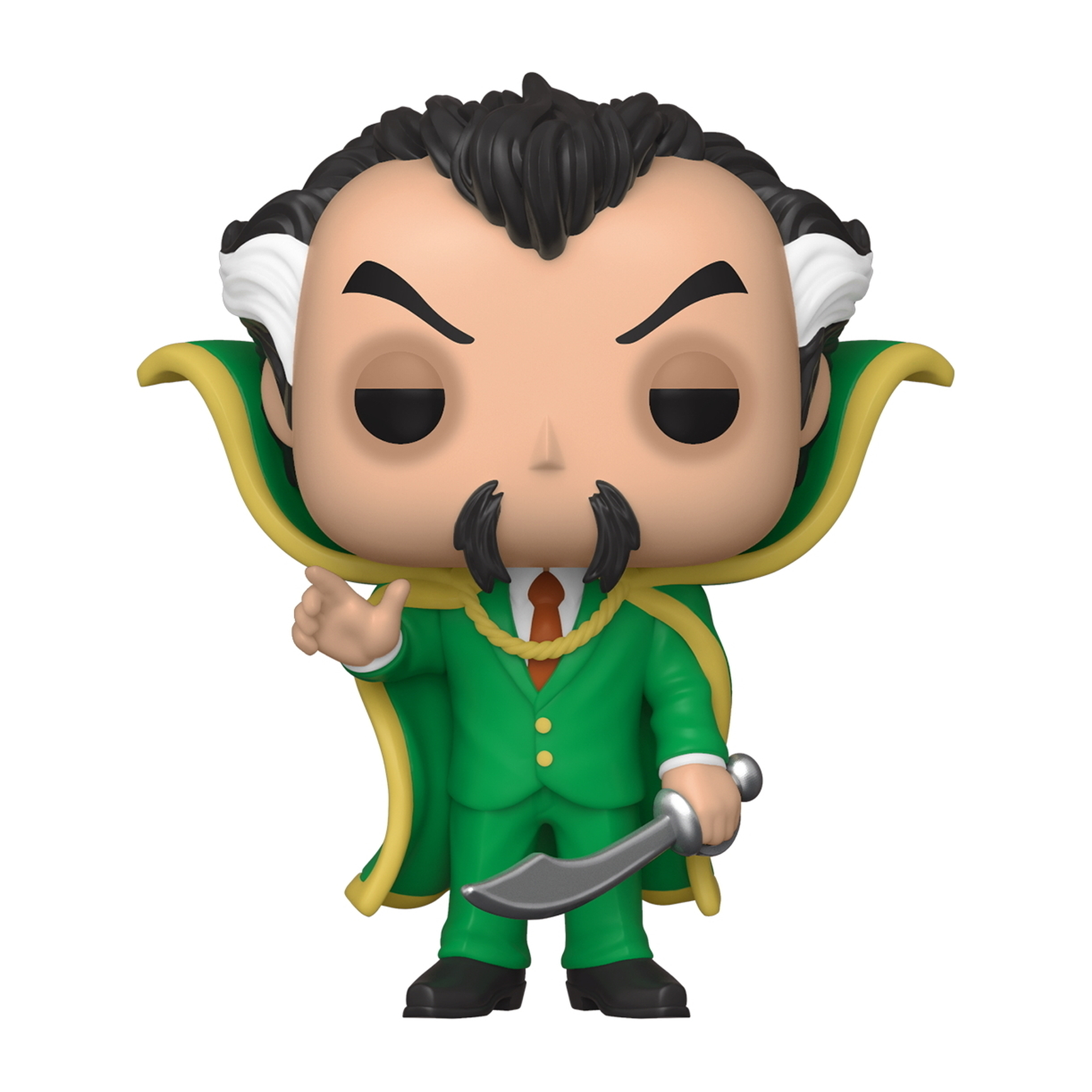Figur von Fu Manchu, grüner Anzug, zeigt, hält eine Klinge, mit strengem Blick.