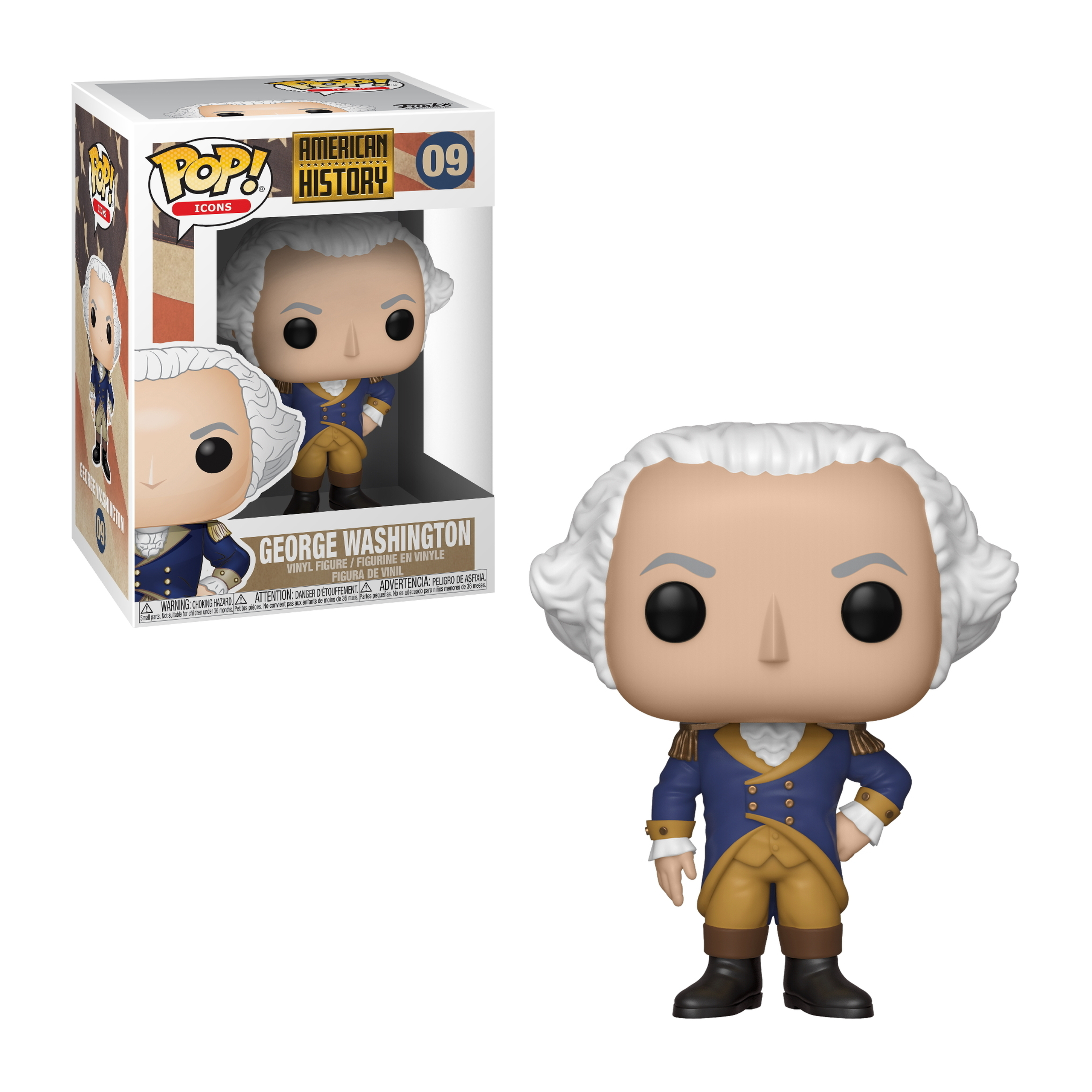 Eine Funko Pop-Figur von George Washington in einem blauen Mantel und einer weißen Perücke, mit der Box dahinter.