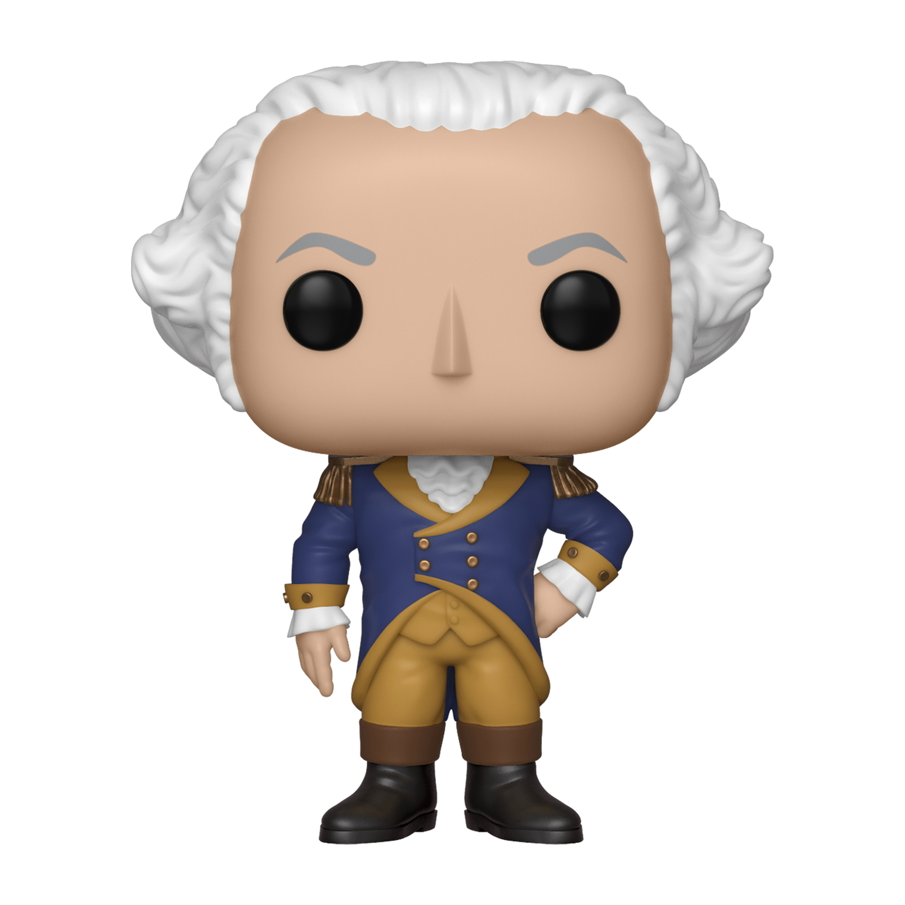 George Washington Funko Pop Figur. Er trägt einen blauen Mantel, gelbe Hose und eine weiße Perücke.