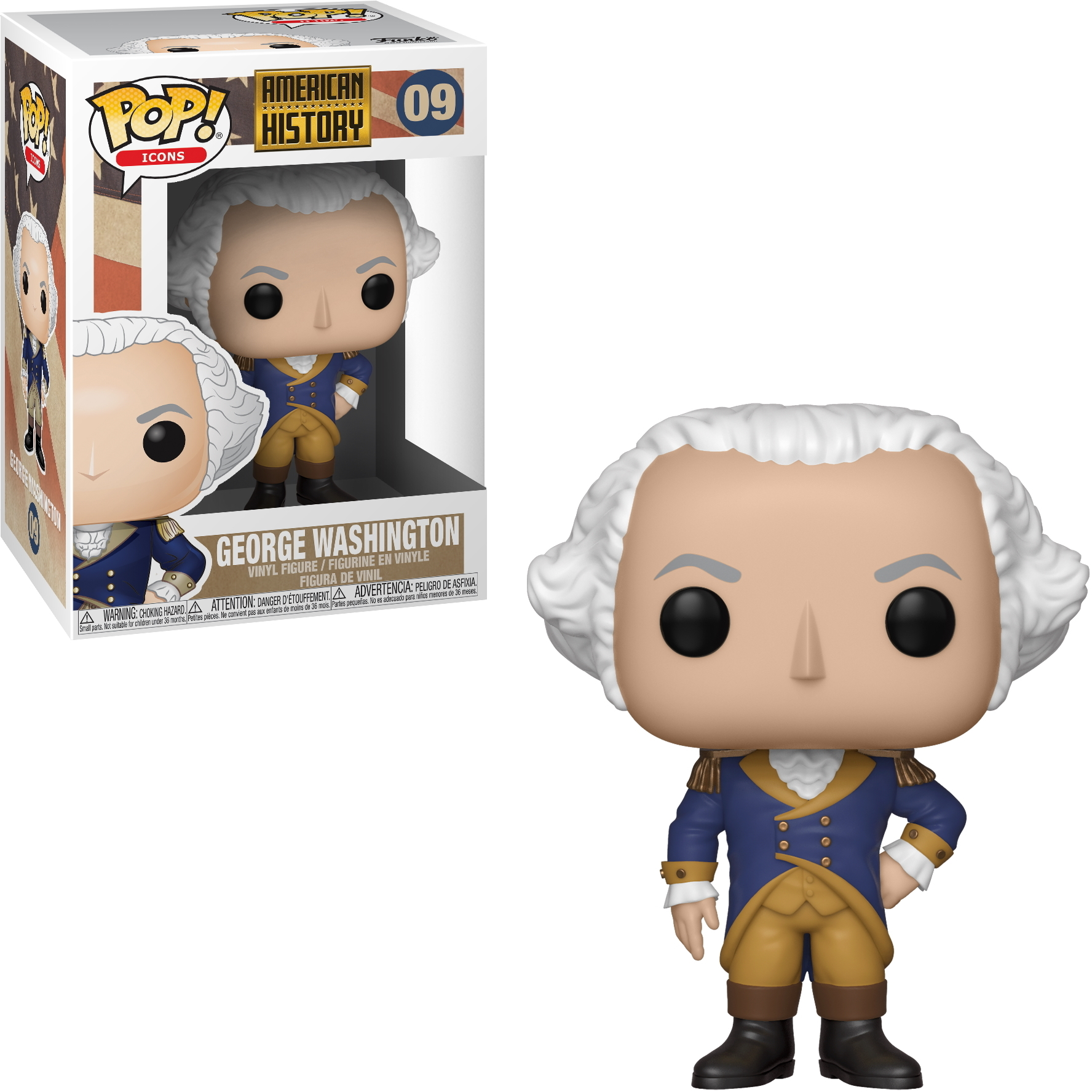 George Washington Figur, blauer Mantel und weiße Perücke. Box im Hintergrund mit Portrait und Fahnen.